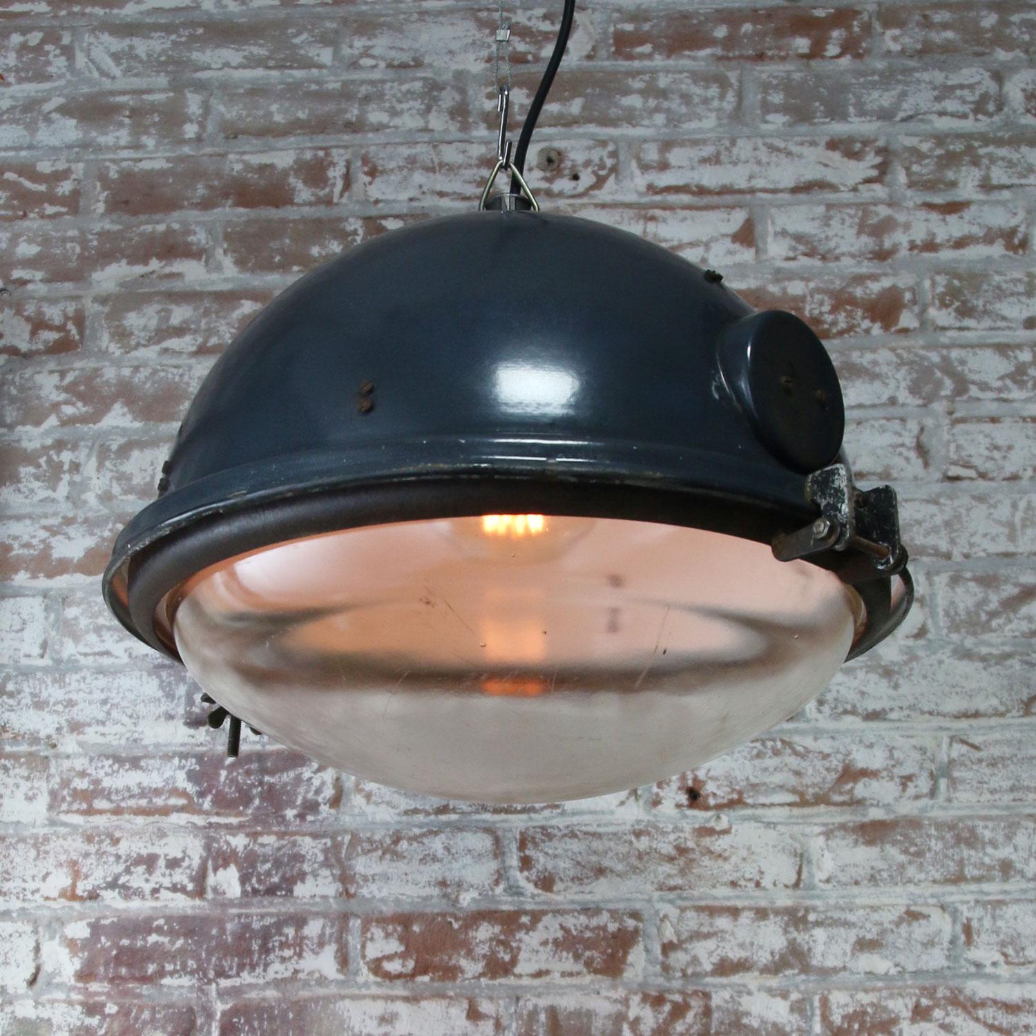 Blue Enamel Vintage Industrial Clear Glass Pendant Lamps In Good Condition In Amsterdam, NL