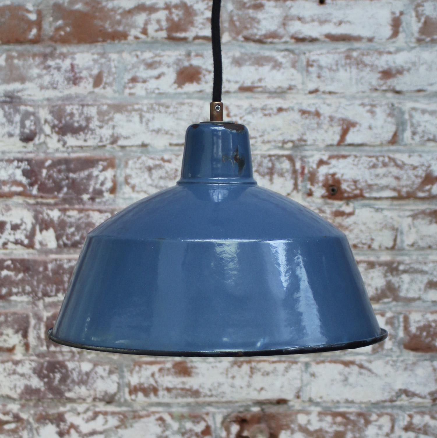 Blue Enamel Vintage Industrial Factory Pendant Lamp In Good Condition For Sale In Amsterdam, NL