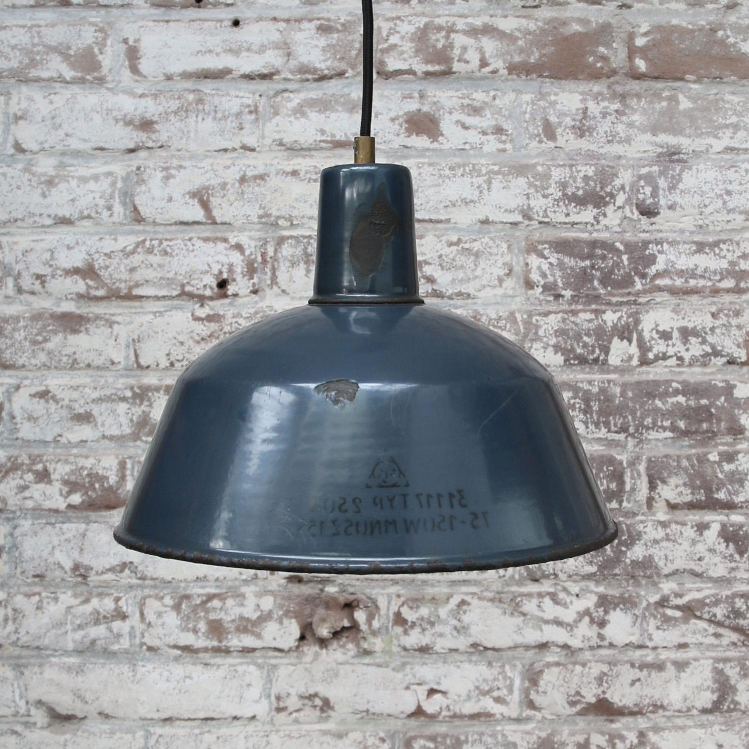 Blue Enamel Vintage Industrial Factory Pendant Lights In Good Condition For Sale In Amsterdam, NL