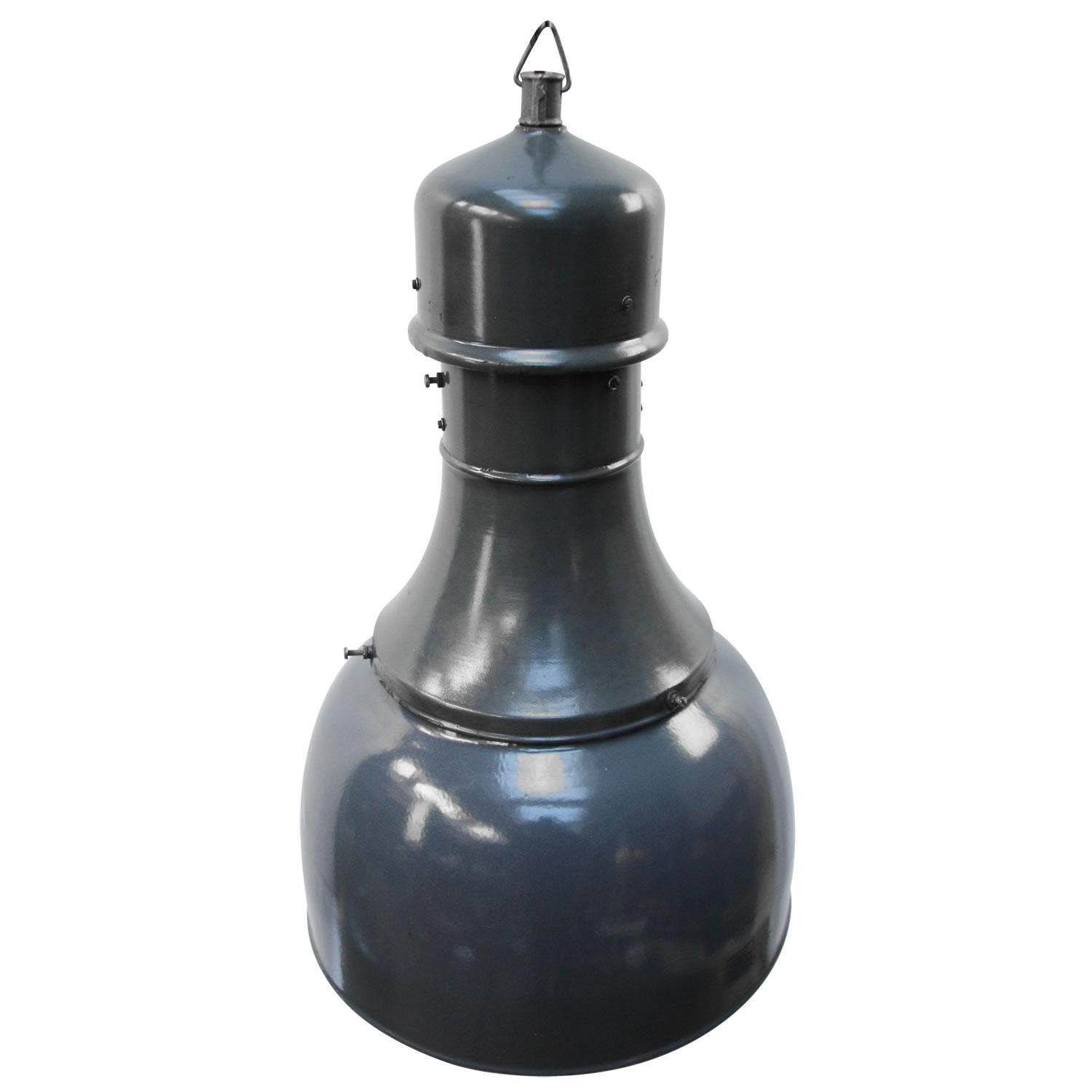Tall blue enamel factory pendants. White interior cast iron top.

Weight: 4.9 kg / 10.8 lb

Priced per individual item. All lamps have been made suitable by international standards for incandescent light bulbs, energy-efficient and LED bulbs.