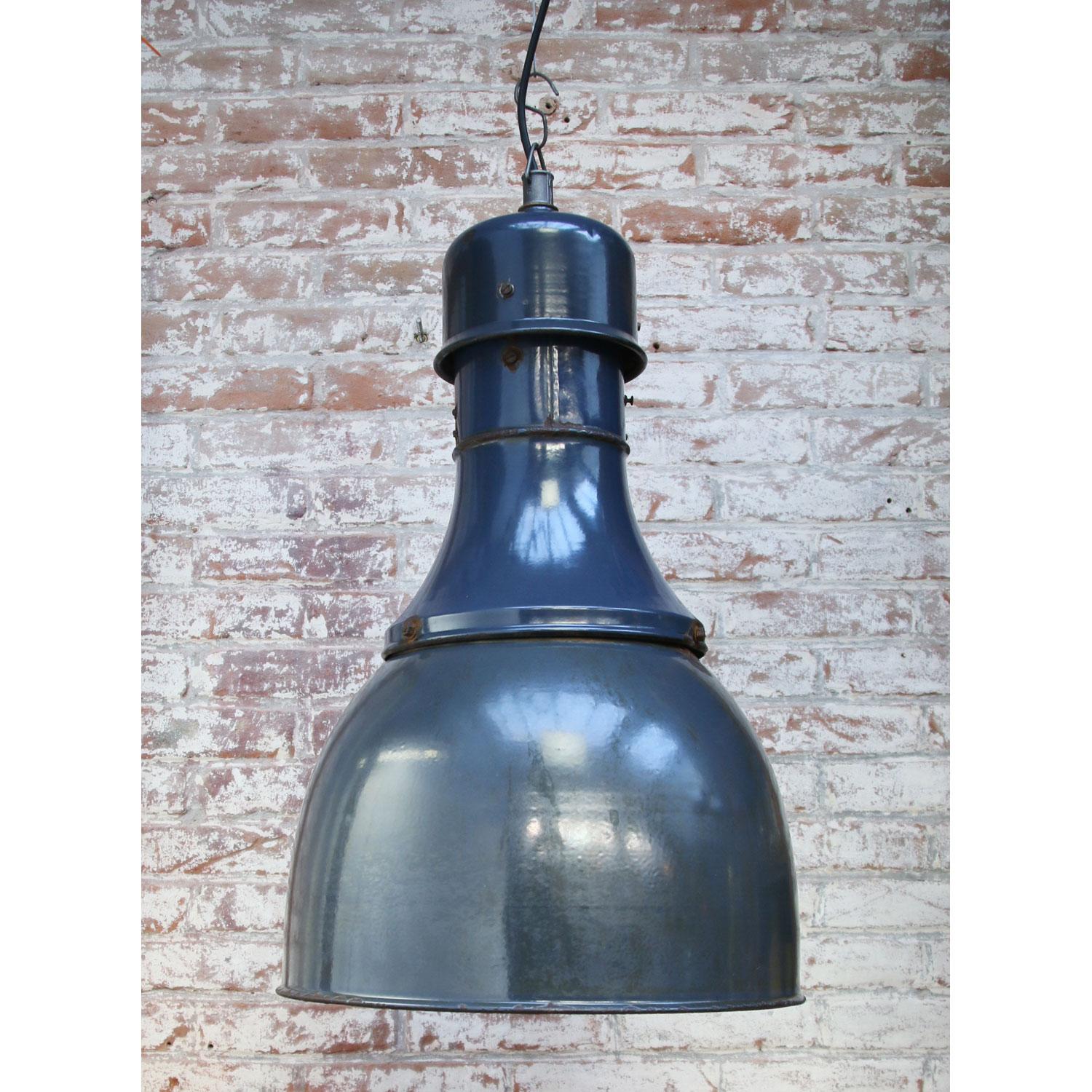 Blue Enamel Vintage Industrial Factory Pendant Lights In Good Condition In Amsterdam, NL