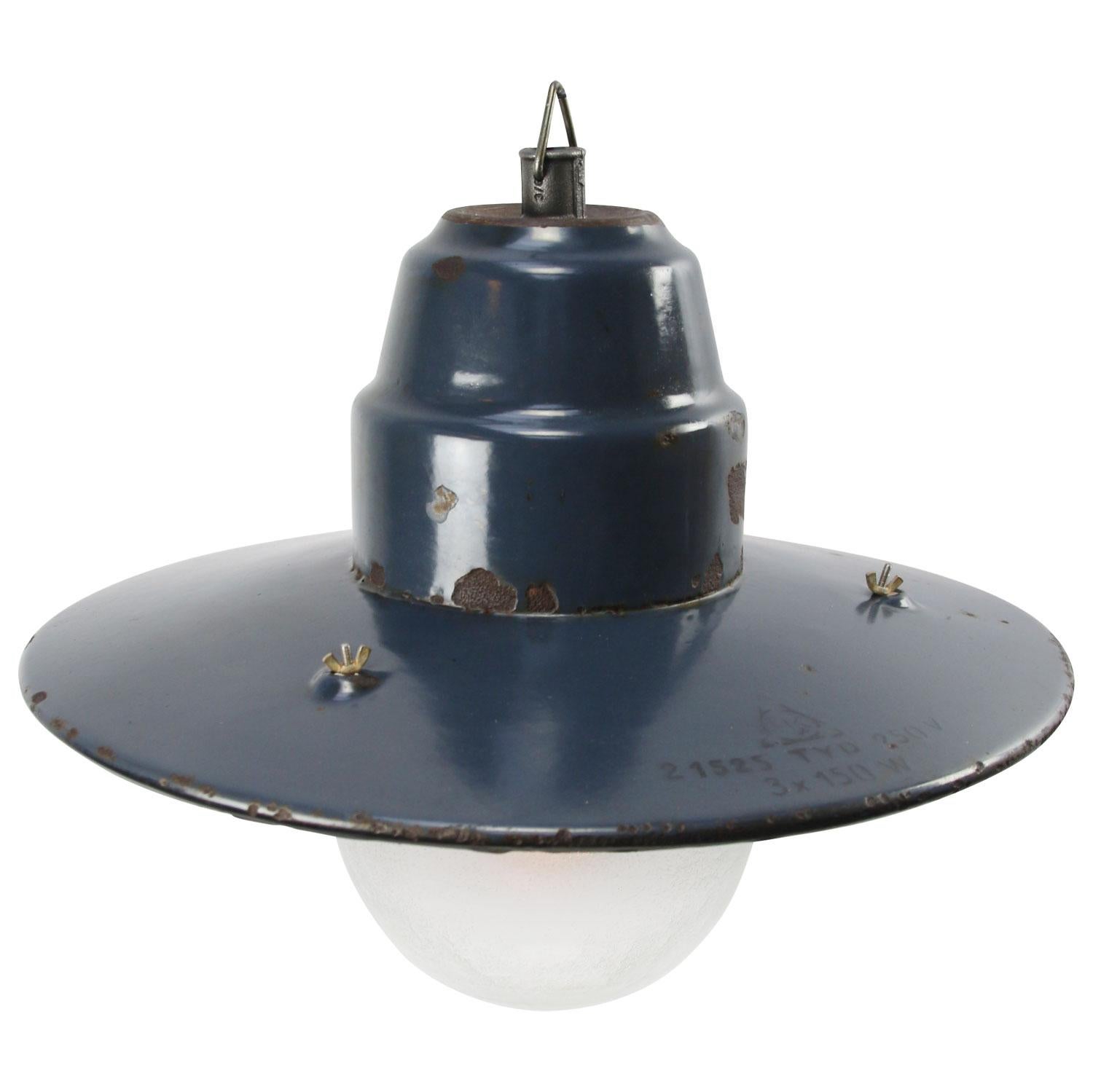 Blue enamel, frosted glass factory pendant lamp.
Dark blue enamel. White interior.

Weight: 4.50 kg / 9.9 lb

Priced per individual item. All lamps have been made suitable by international standards for incandescent light bulbs,