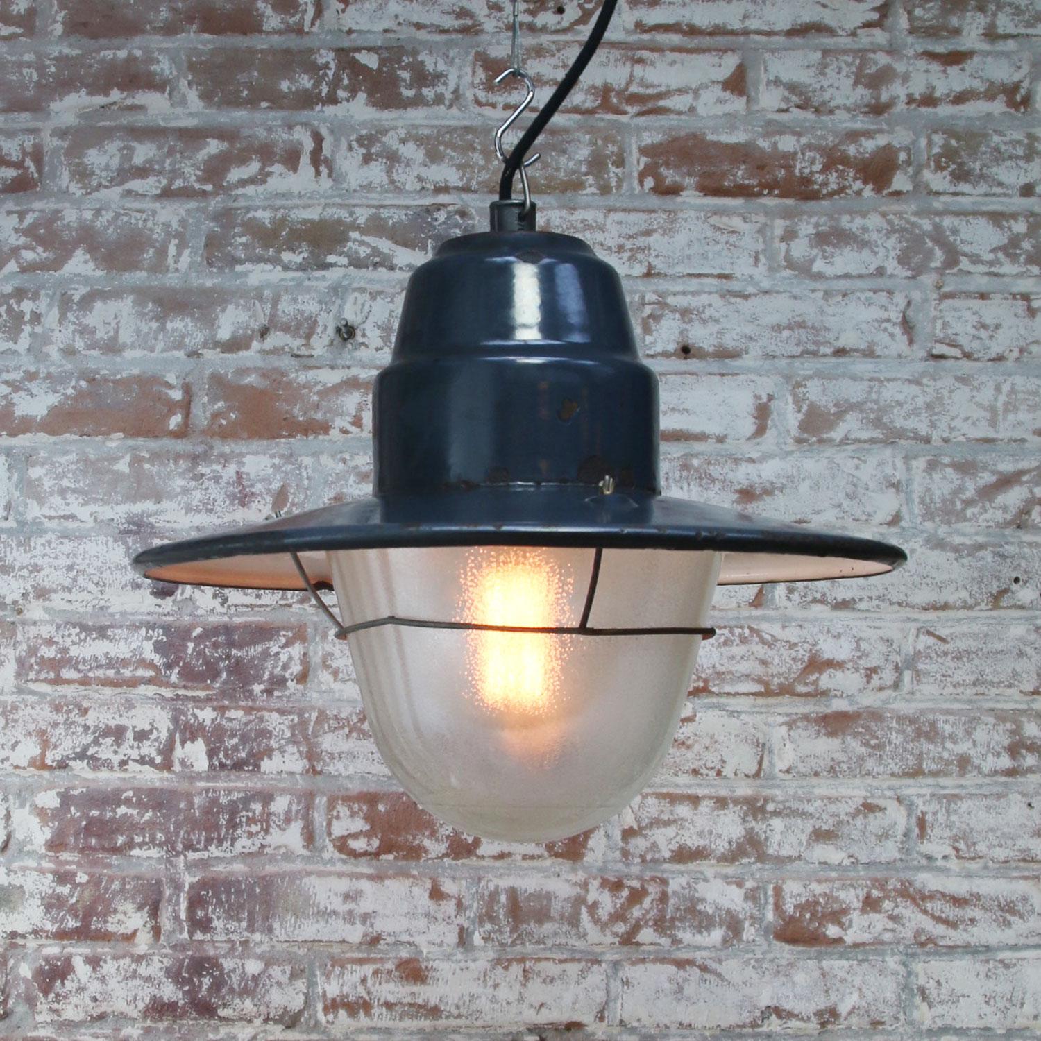 Blue Enamel Vintage Industrial Frosted Glass Factory Pendant Light In Good Condition In Amsterdam, NL