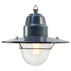 Blue Enamel Vintage Industrial Frosted Glass Factory Pendant Light