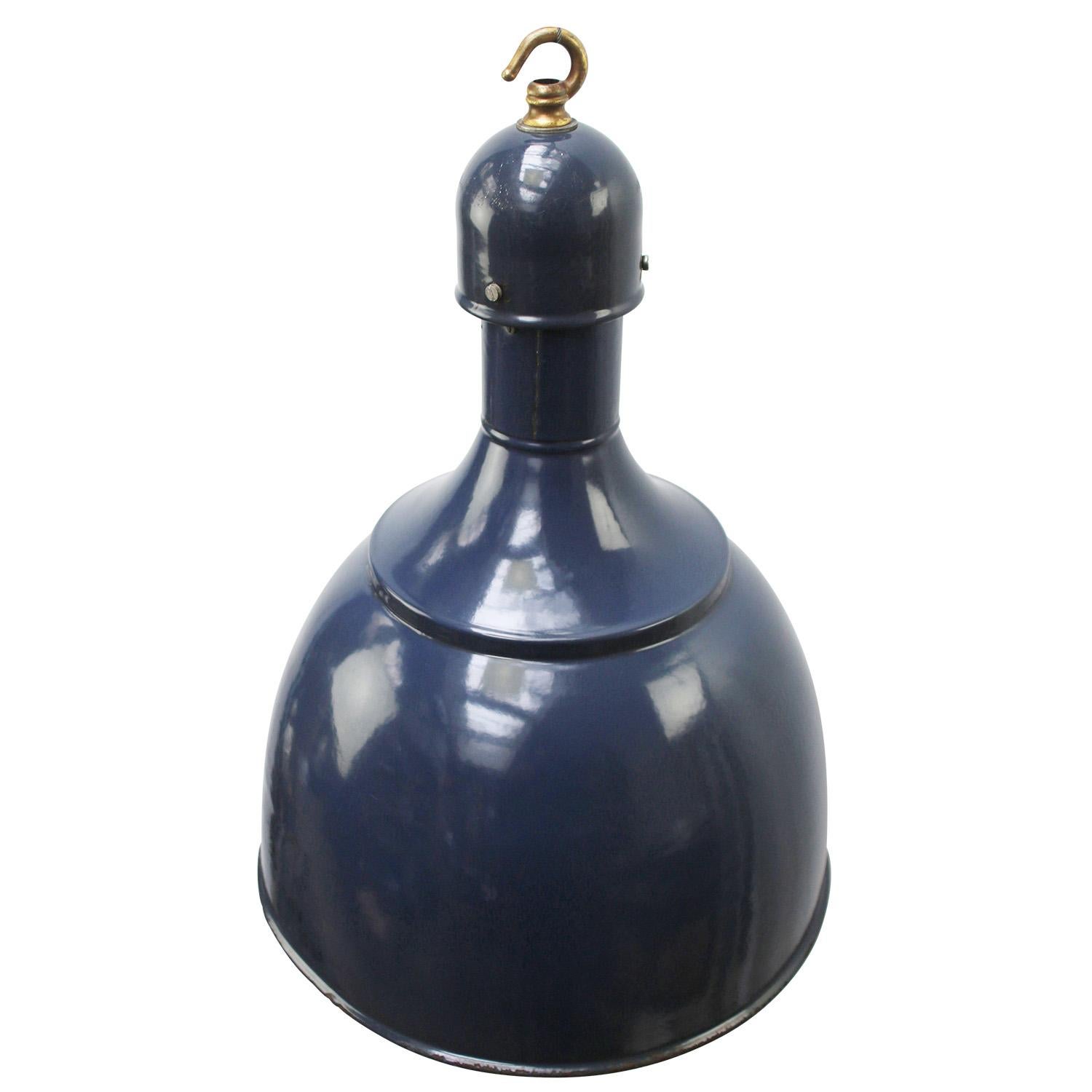 Large factory pendant, blue enamel
White interior, brass top

Weight: 2.5 kg / 5.5 lb

Priced per individual item. All lamps have been made suitable by international standards for incandescent light bulbs, energy-efficient and LED bulbs. E26/E27