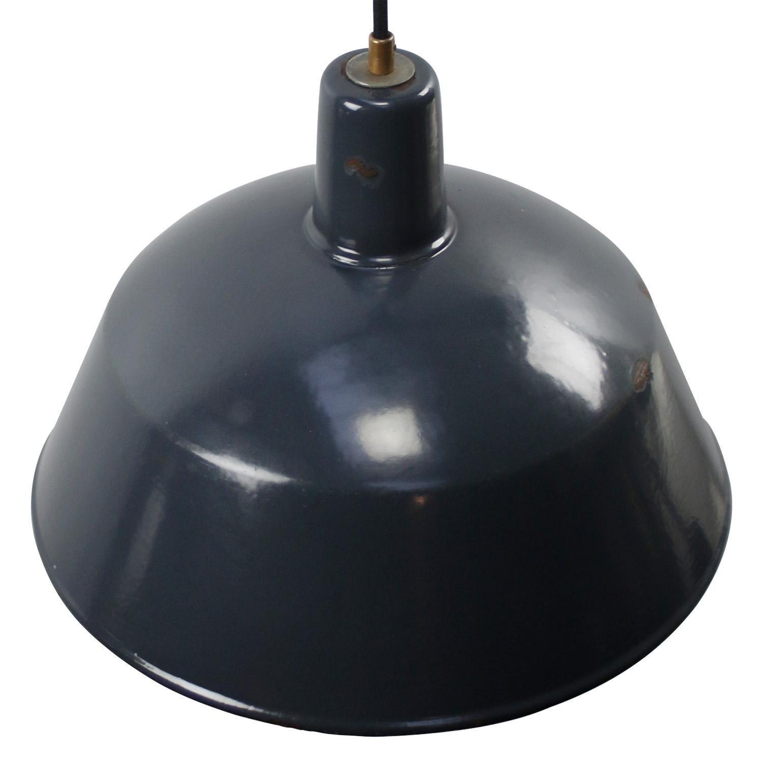 Blue industrial pendant. 
Blue enamel with black type, white interior

Weight: 2.00 kg / 4.4 lb

Priced per individual item. All lamps have been made suitable by international standards for incandescent light bulbs, energy-efficient and LED bulbs.