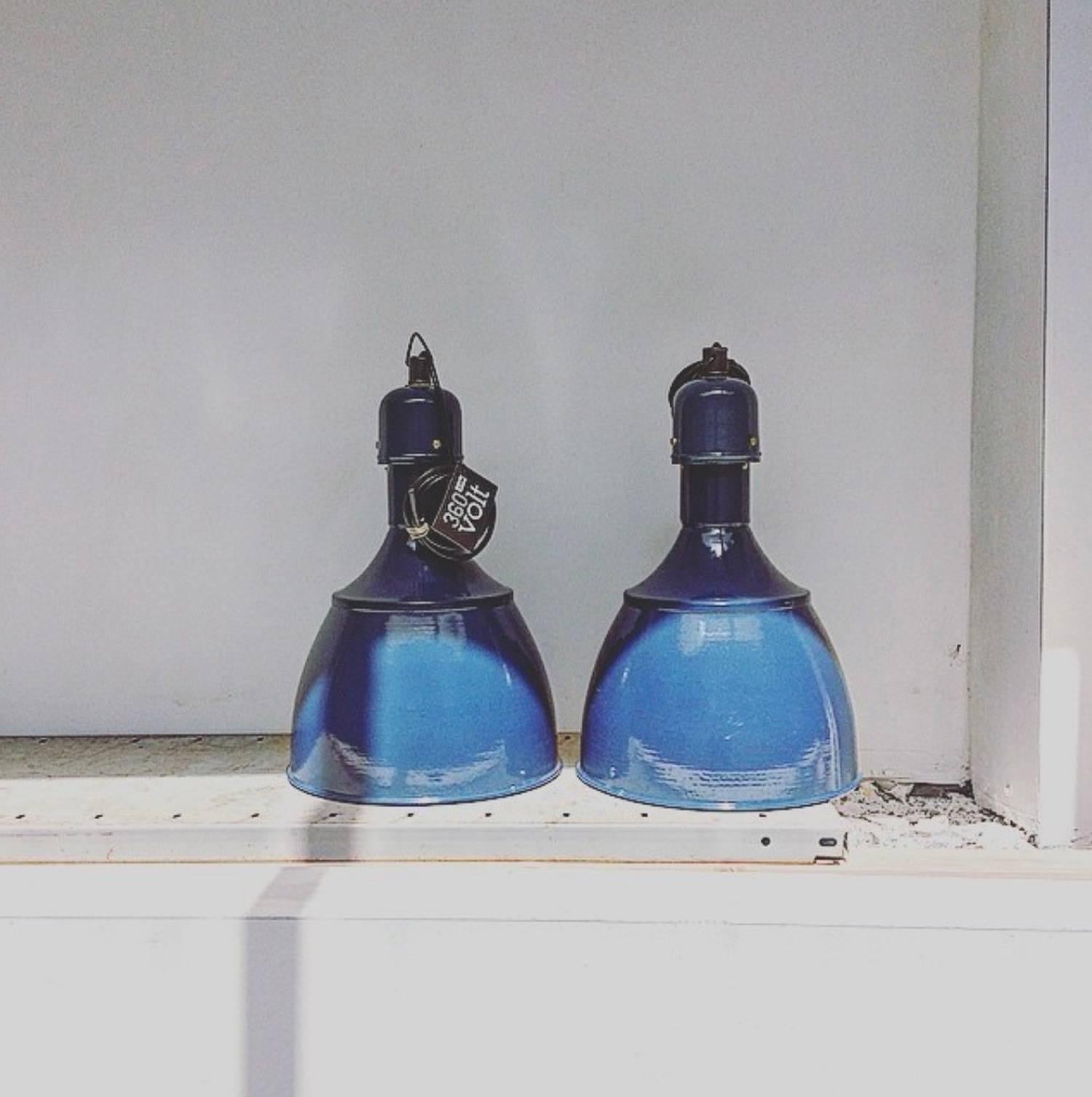 20th Century Blue Enamel Vintage Industrial Pendants Hanging Lights NOS