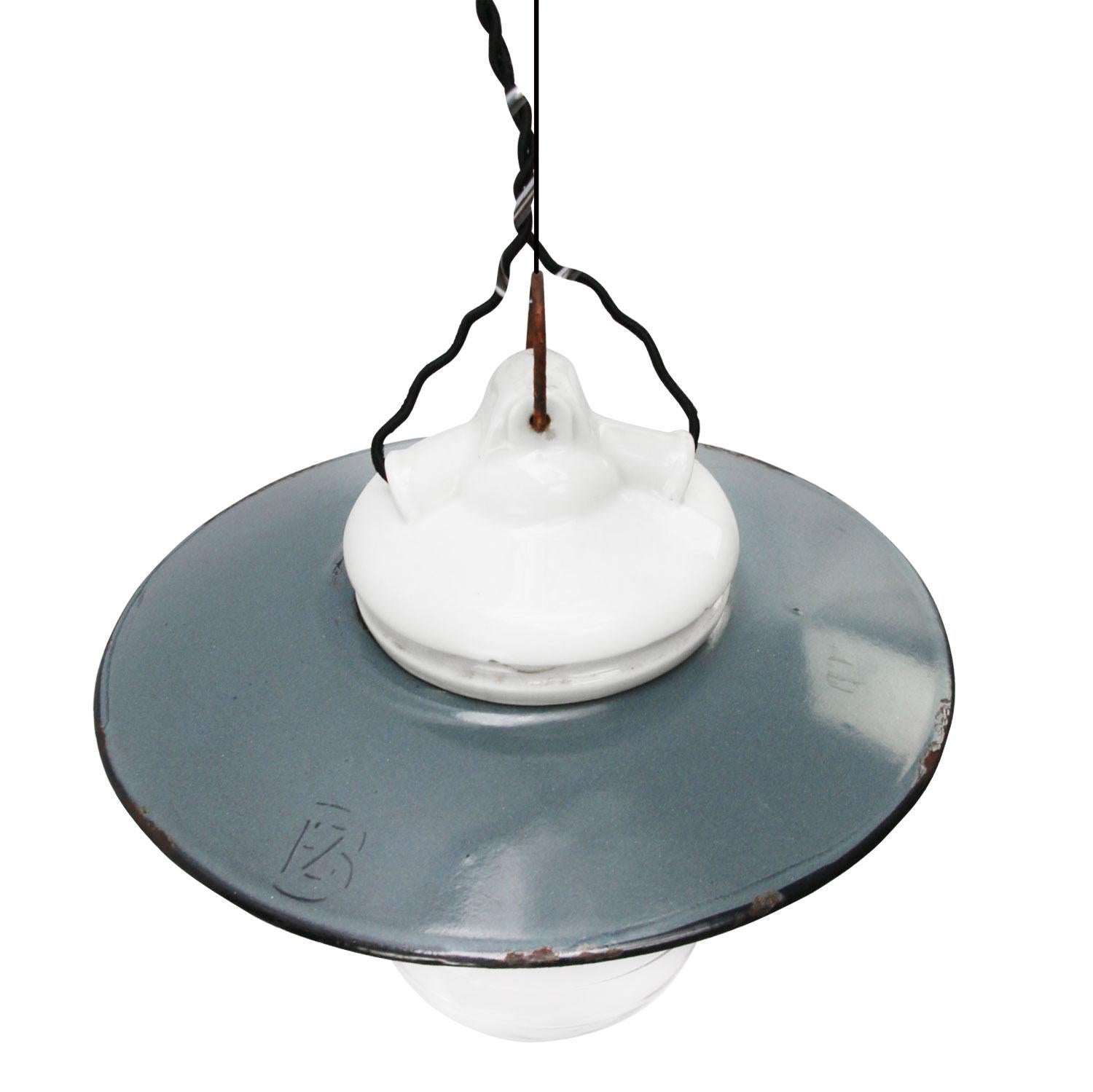 Blue Enamel Vintage Industrial Porcelain Clear Glass Pendant Light In Good Condition In Amsterdam, NL
