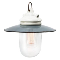 Blue Enamel Vintage Industrial Porcelain Clear Glass Pendant Light