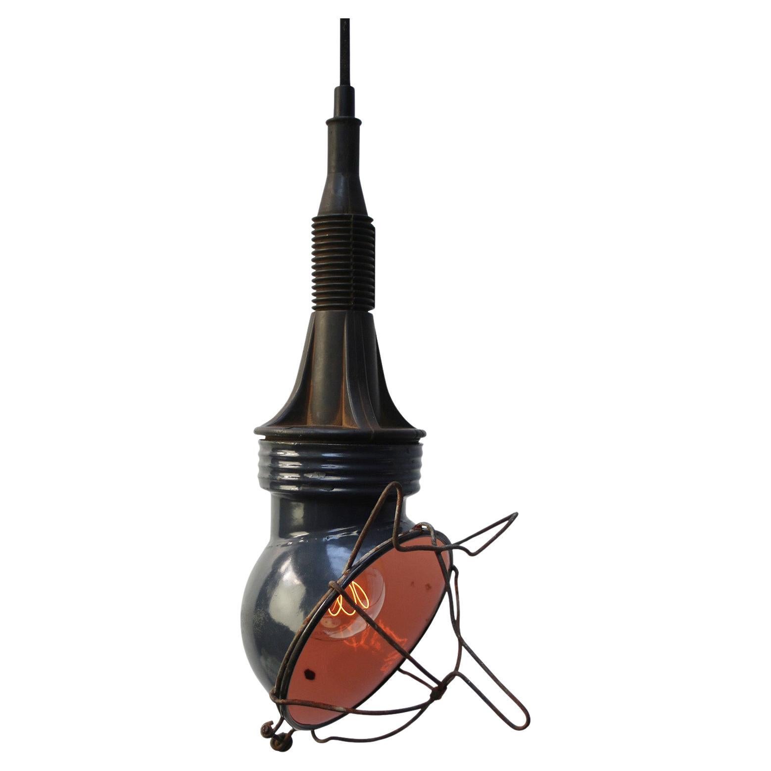 Lampada a sospensione industriale con smalto blu, vintage e da lavoro in vendita