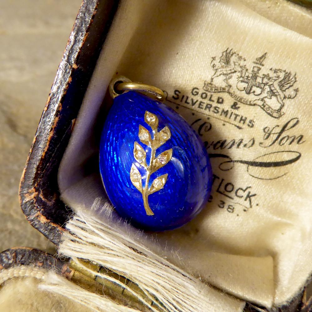 Blue Enamel Vintage Russian Egg Pendant in Silver Gilt 2