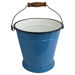 Antique Blue Enamel Water Bucket with Wire and Wooden Handle, Austria, 1910s
