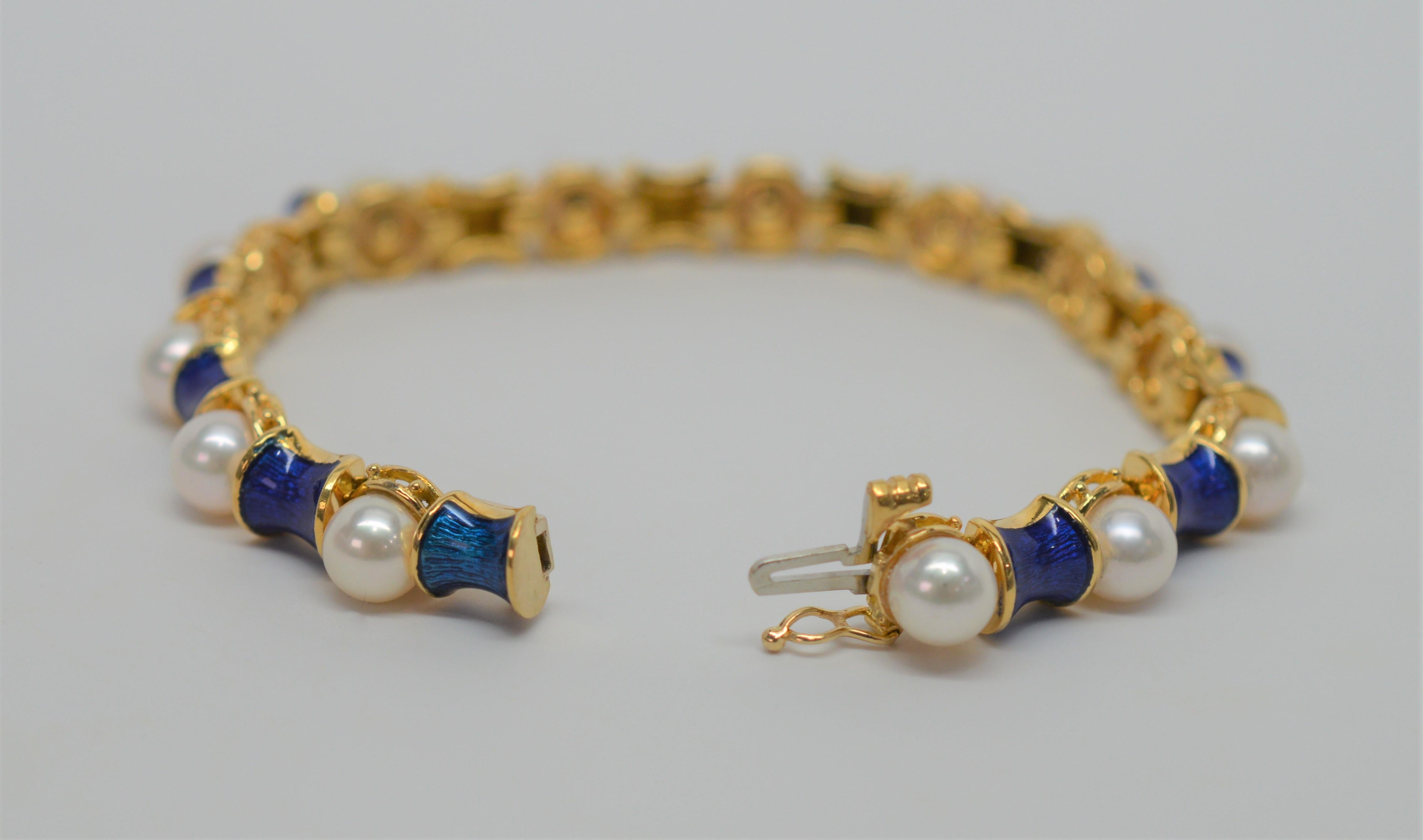 Women's Blue Enamel Pearl Link 18 Karat Yellow Gold Bracelet
