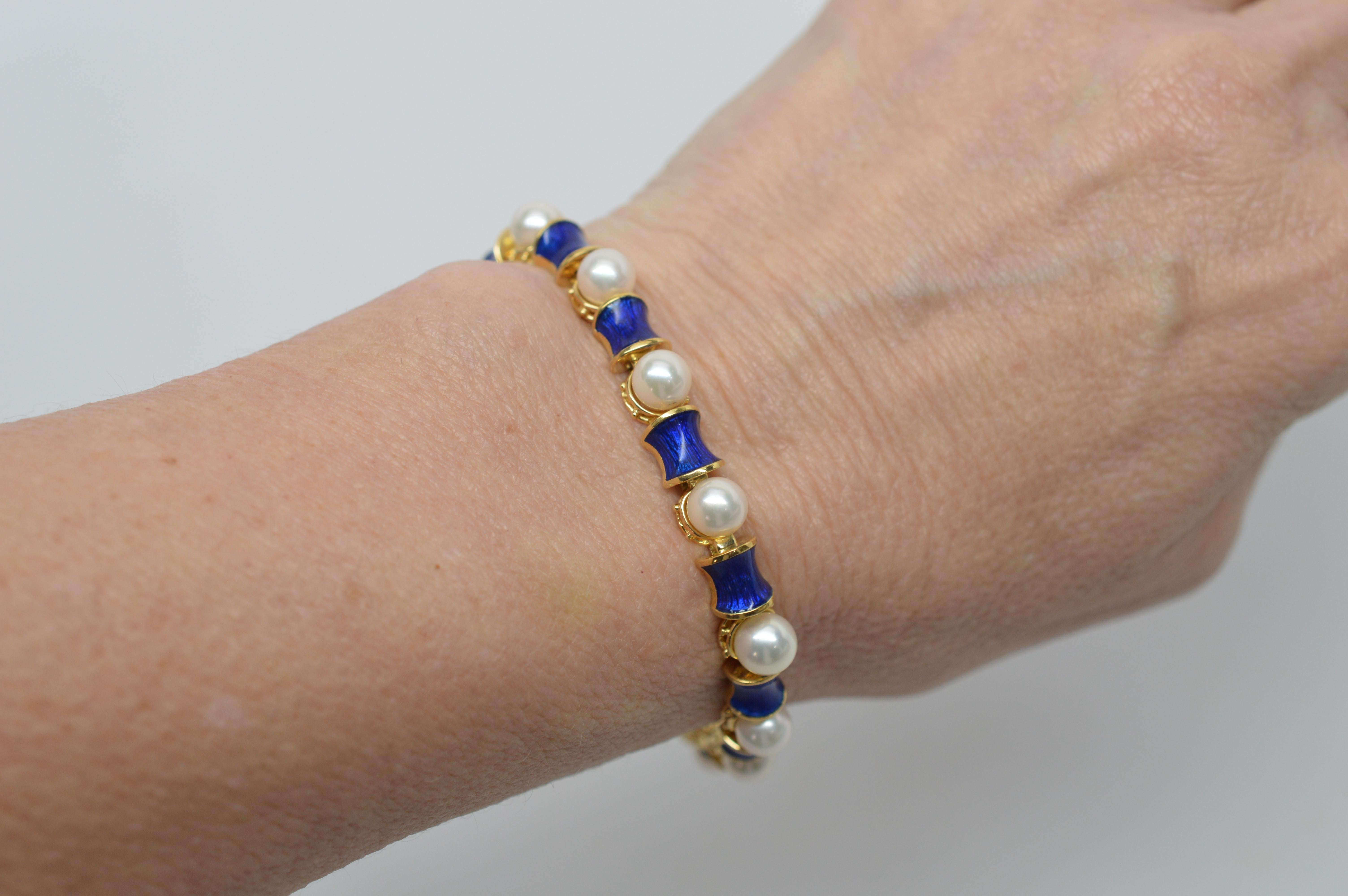 Blue Enamel Pearl Link 18 Karat Yellow Gold Bracelet 1