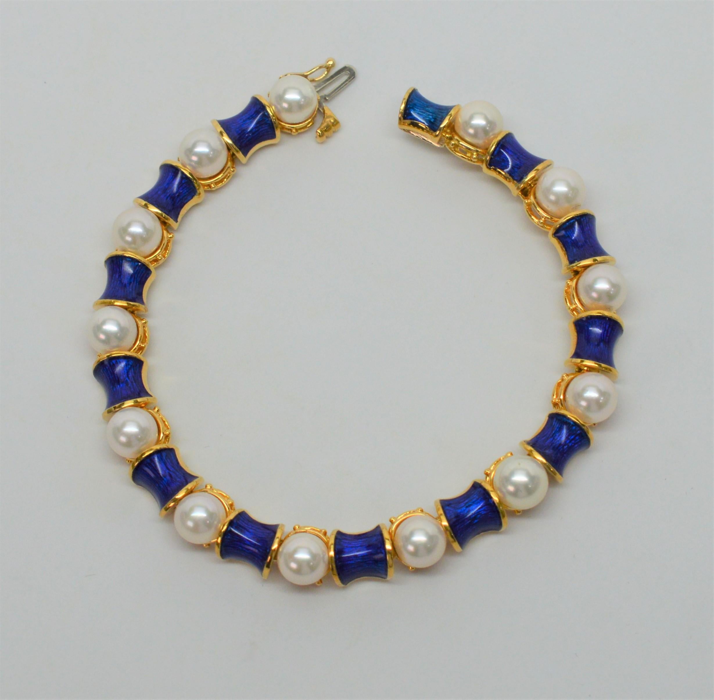 Blue Enamel Pearl Link 18 Karat Yellow Gold Bracelet 2