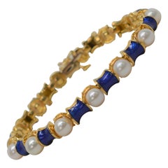 Blue Enamel Pearl Link 18 Karat Yellow Gold Bracelet