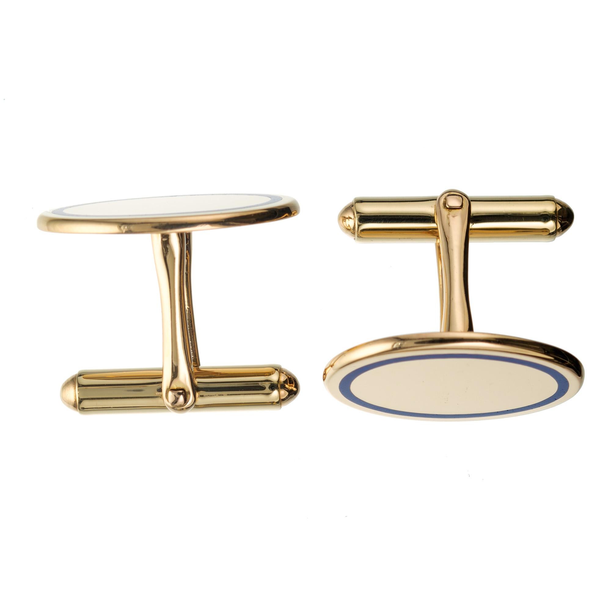 Blue Enamel Yellow Gold Oval Mens Cufflinks In Good Condition For Sale In Stamford, CT