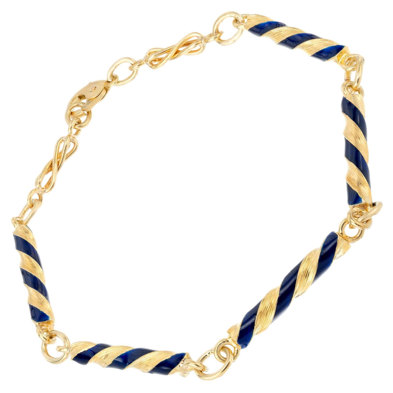 Blue Enamel Yellow Gold Swirl Link Bracelet