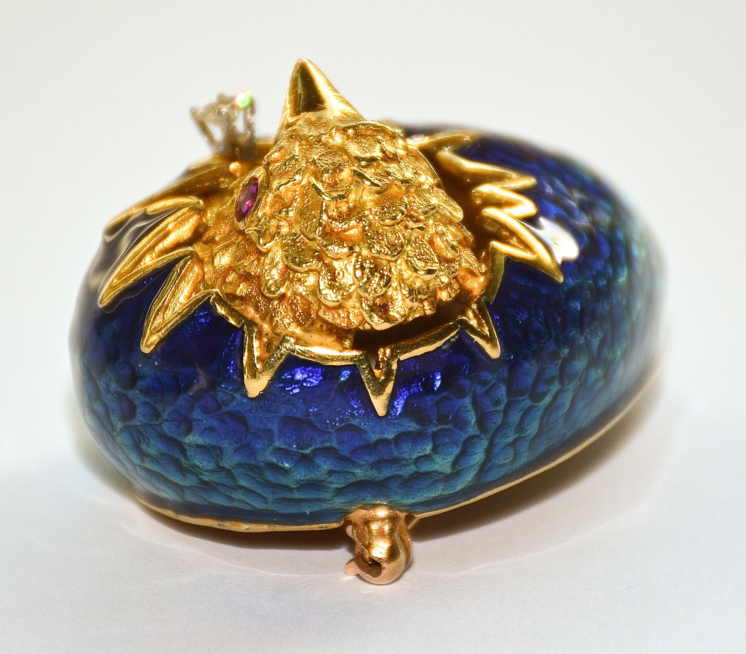 Contemporary Blue Enameled 18k Egg Featuring a Hatching Chick with a Diamond and Ruby Eyes For Sale