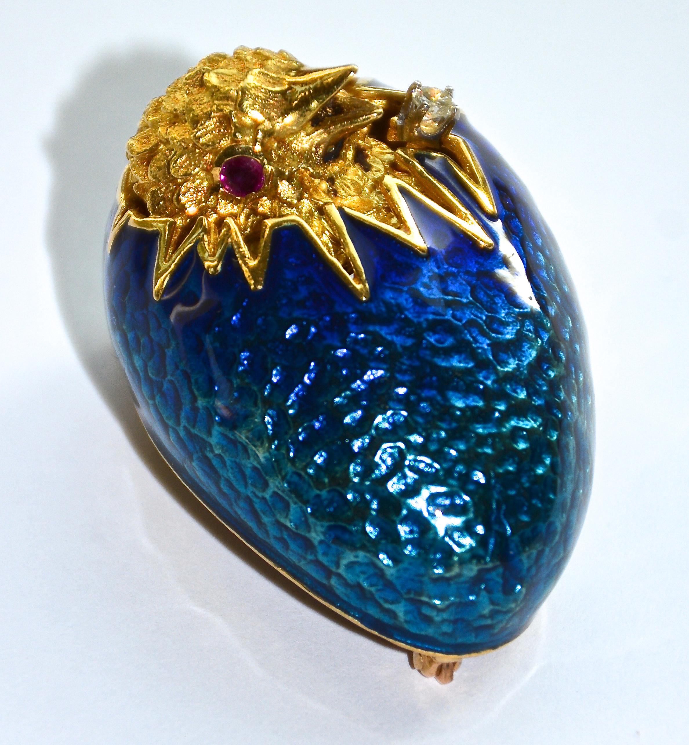 Brilliant Cut Blue Enameled 18k Egg Featuring a Hatching Chick with a Diamond and Ruby Eyes For Sale