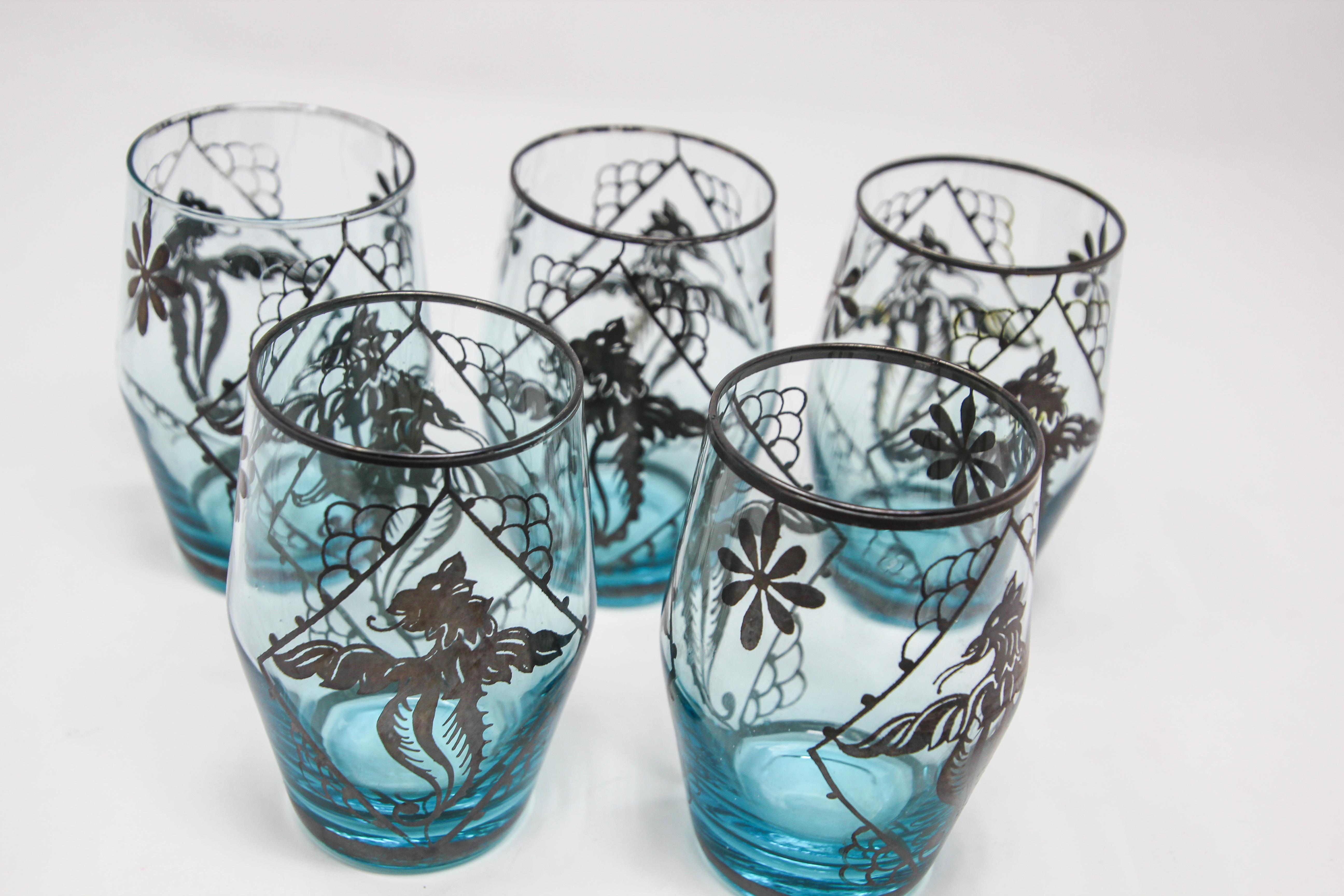 Czech Blue Enamelled Bohemian Glass Liquor Glasses For Sale