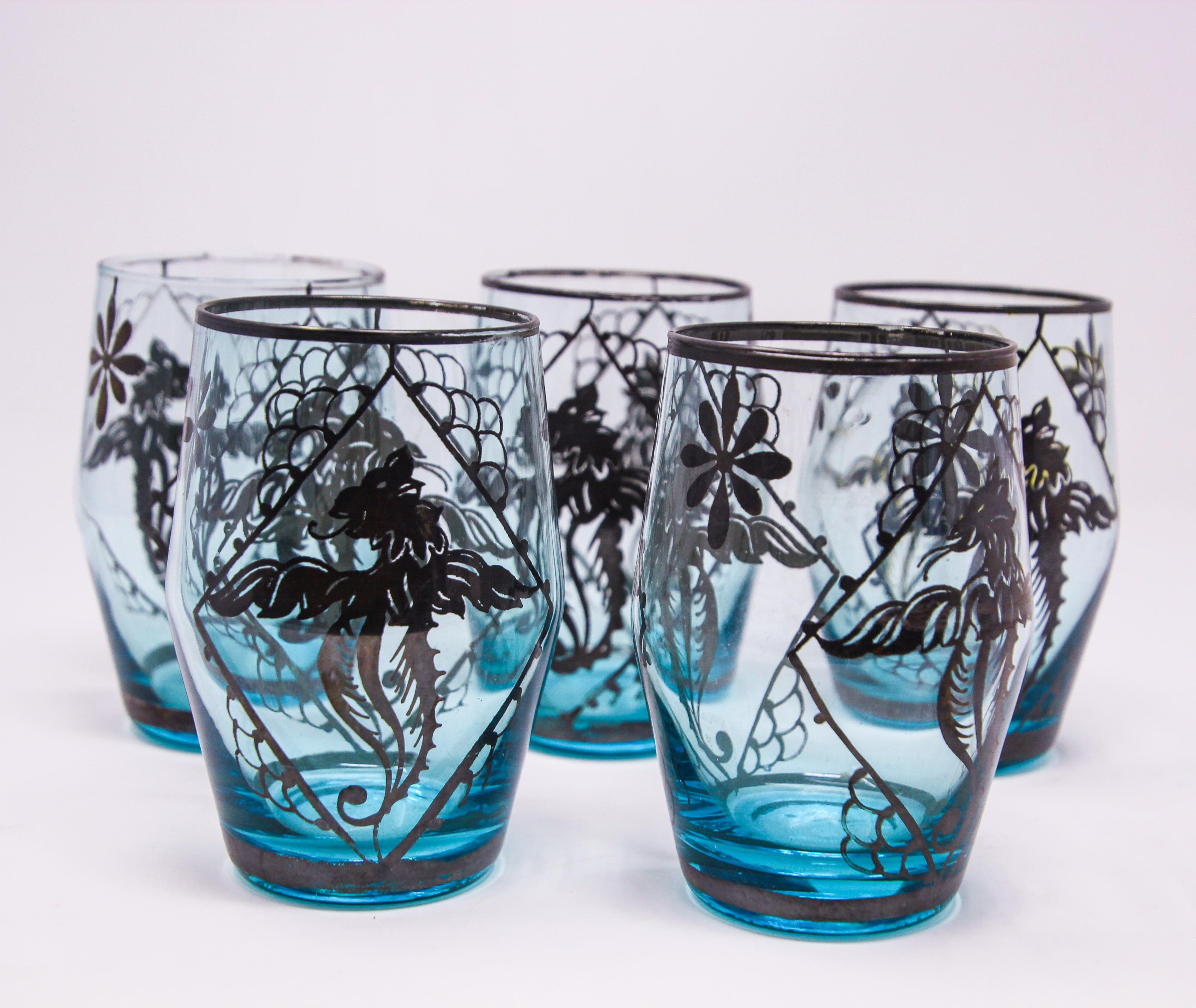 Hand-Painted Blue Enamelled Bohemian Glass Liquor Glasses For Sale
