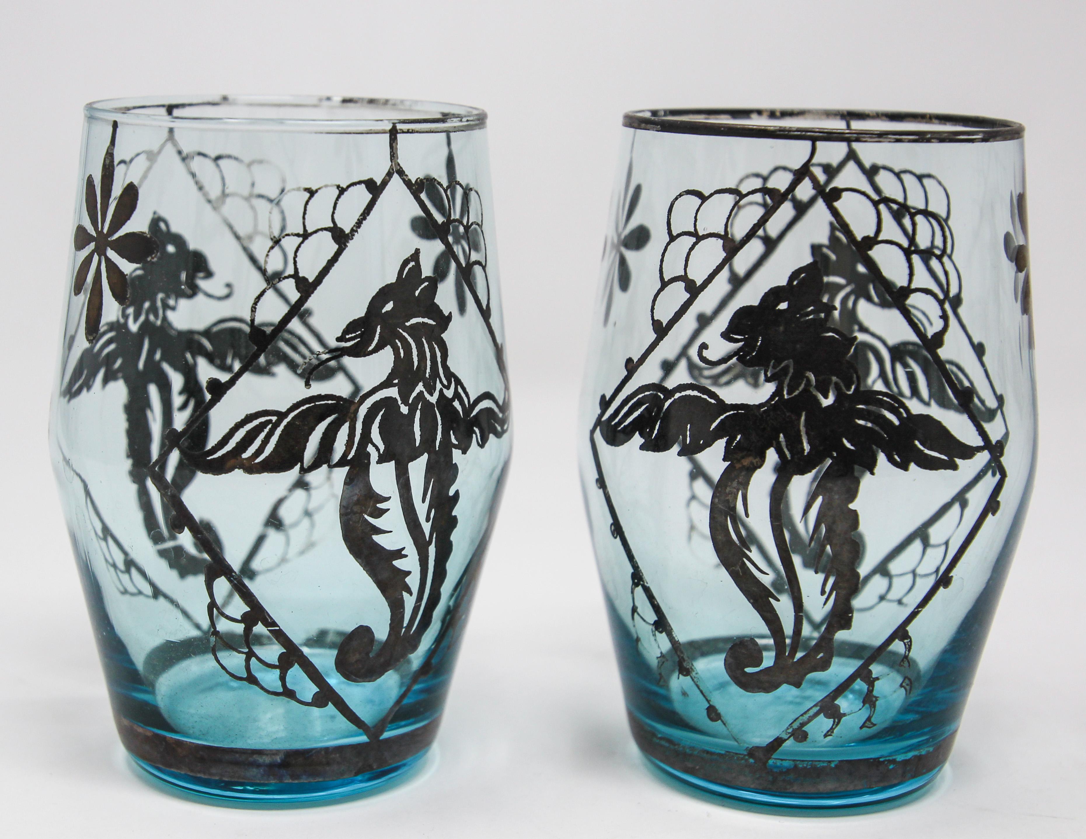 Blue Enamelled Bohemian Glass Liquor Glasses In Good Condition For Sale In North Hollywood, CA