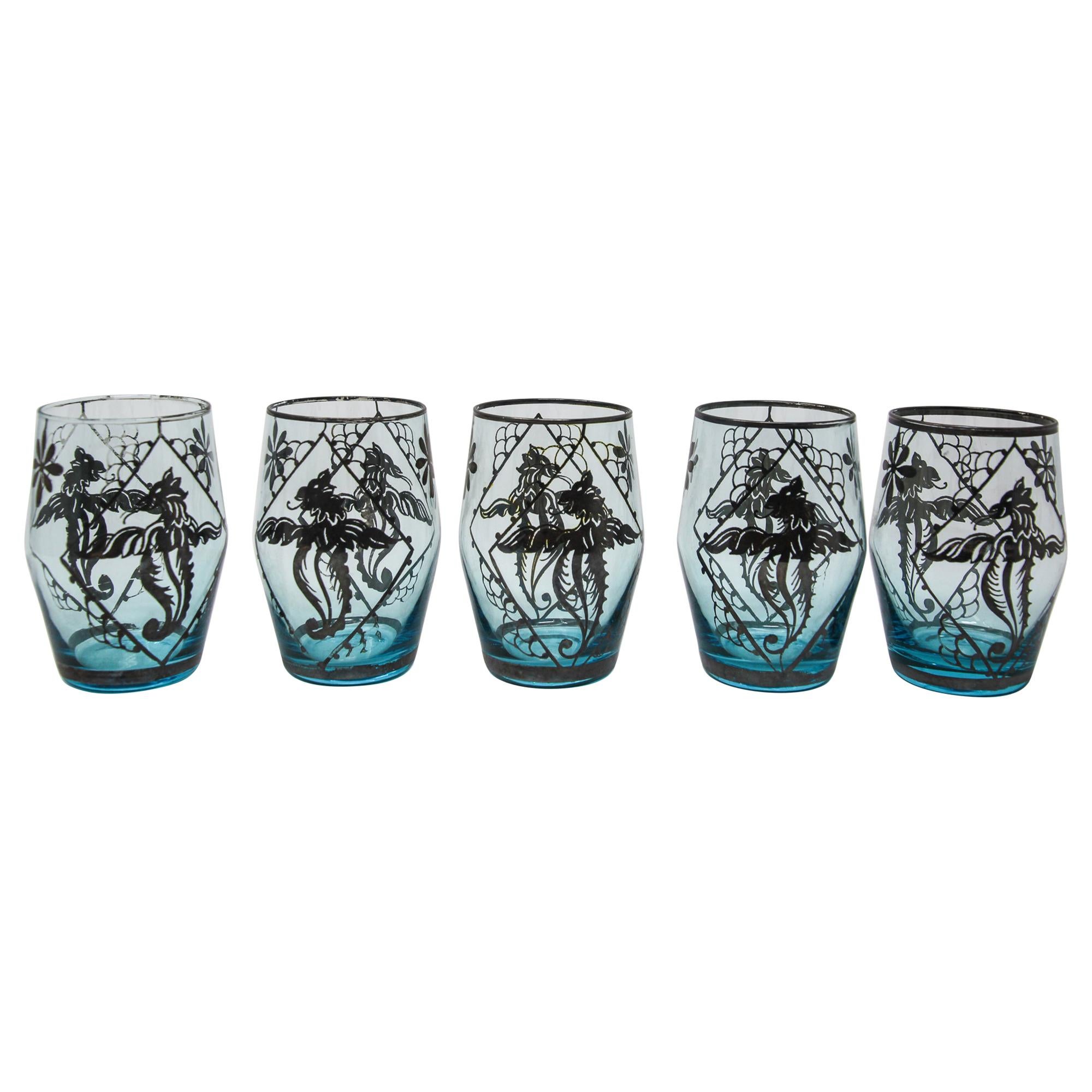 Blue Enamelled Bohemian Glass Liquor Glasses
