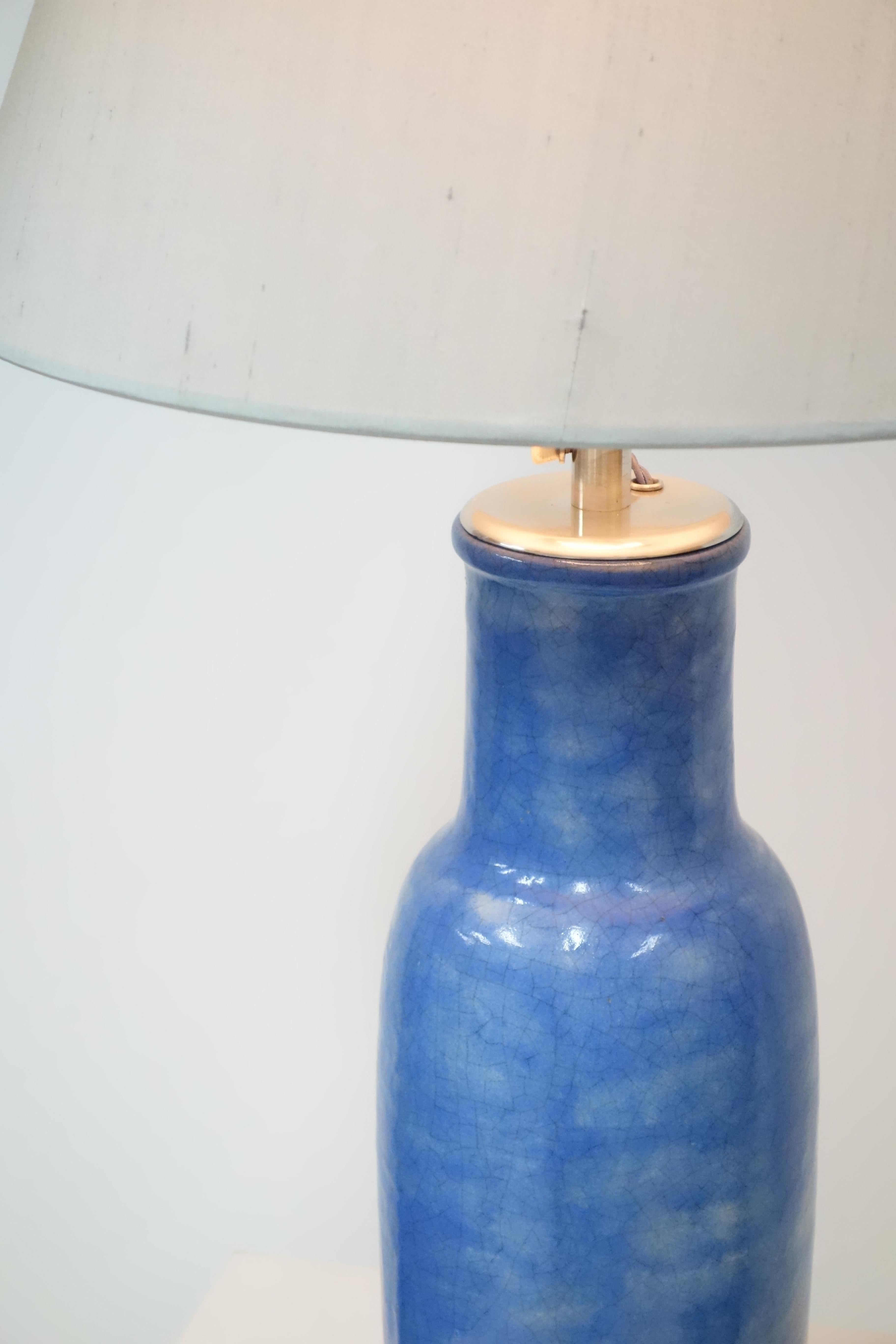 French Blue Enameled Ceramic Table Lamp by André Groult, circa 1920 For Sale