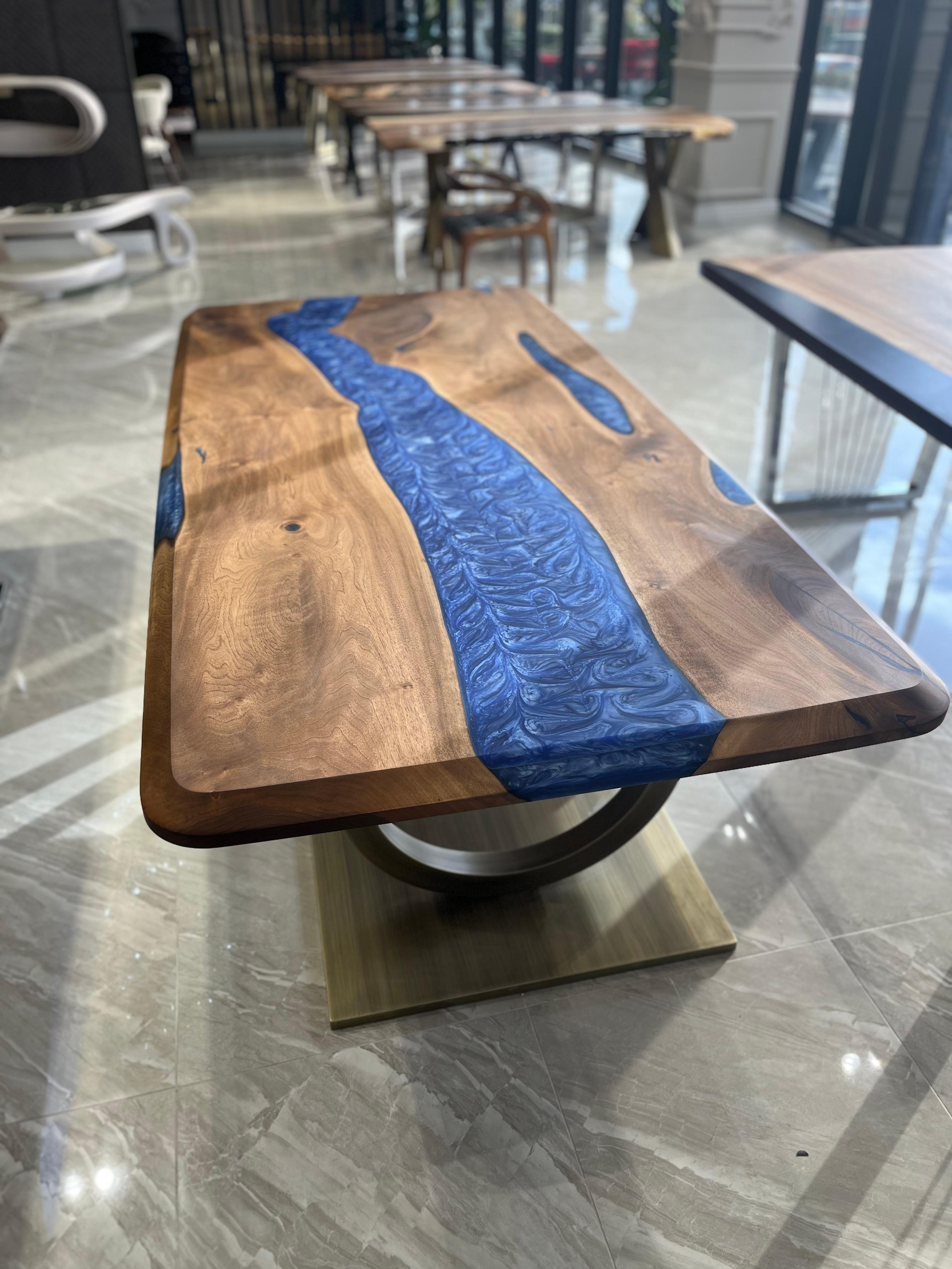 Hand-Carved Blue Epoxy Resin Root Walnut Custom Dining Table For Sale