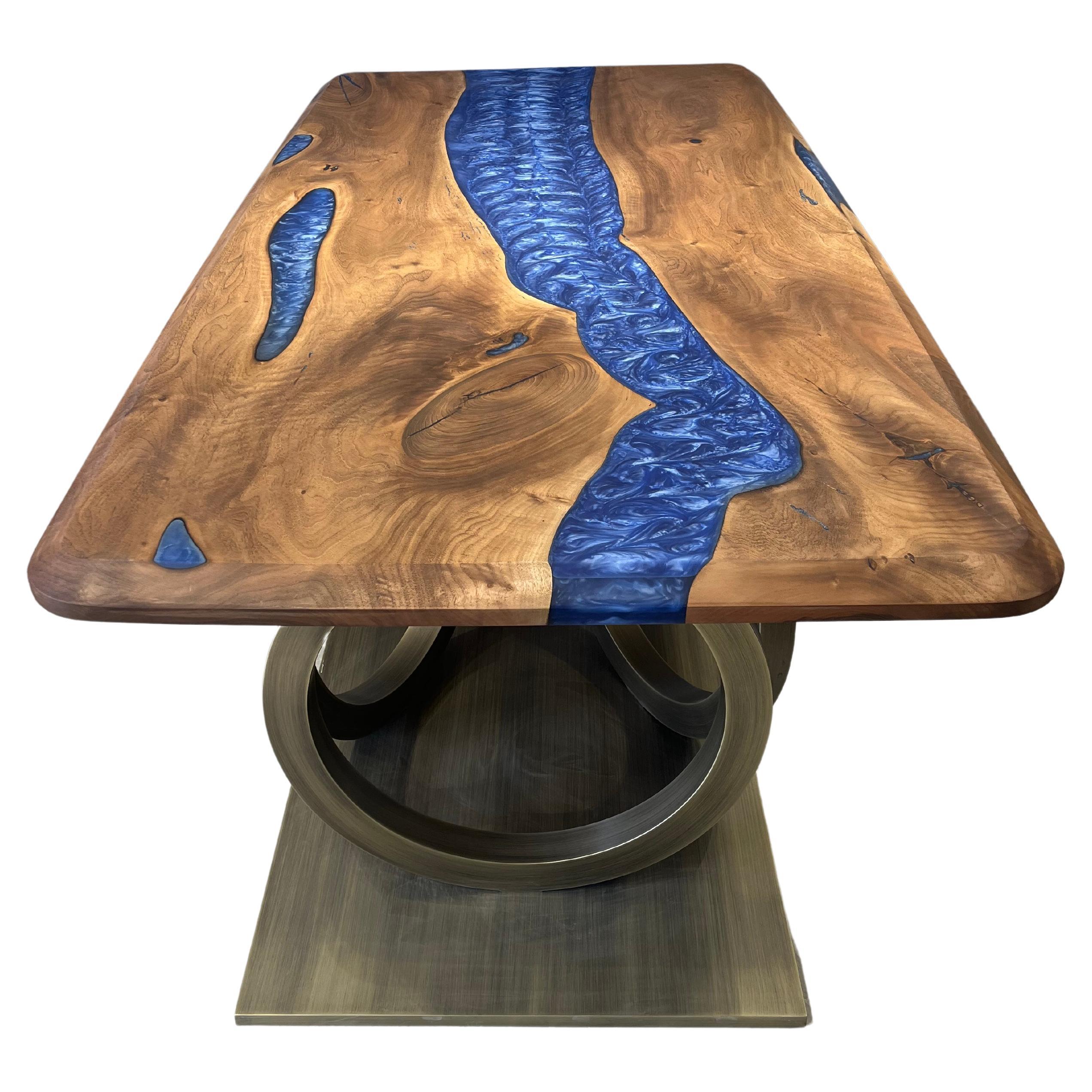 Blue Epoxy Resin Root Walnut Custom Dining Table For Sale
