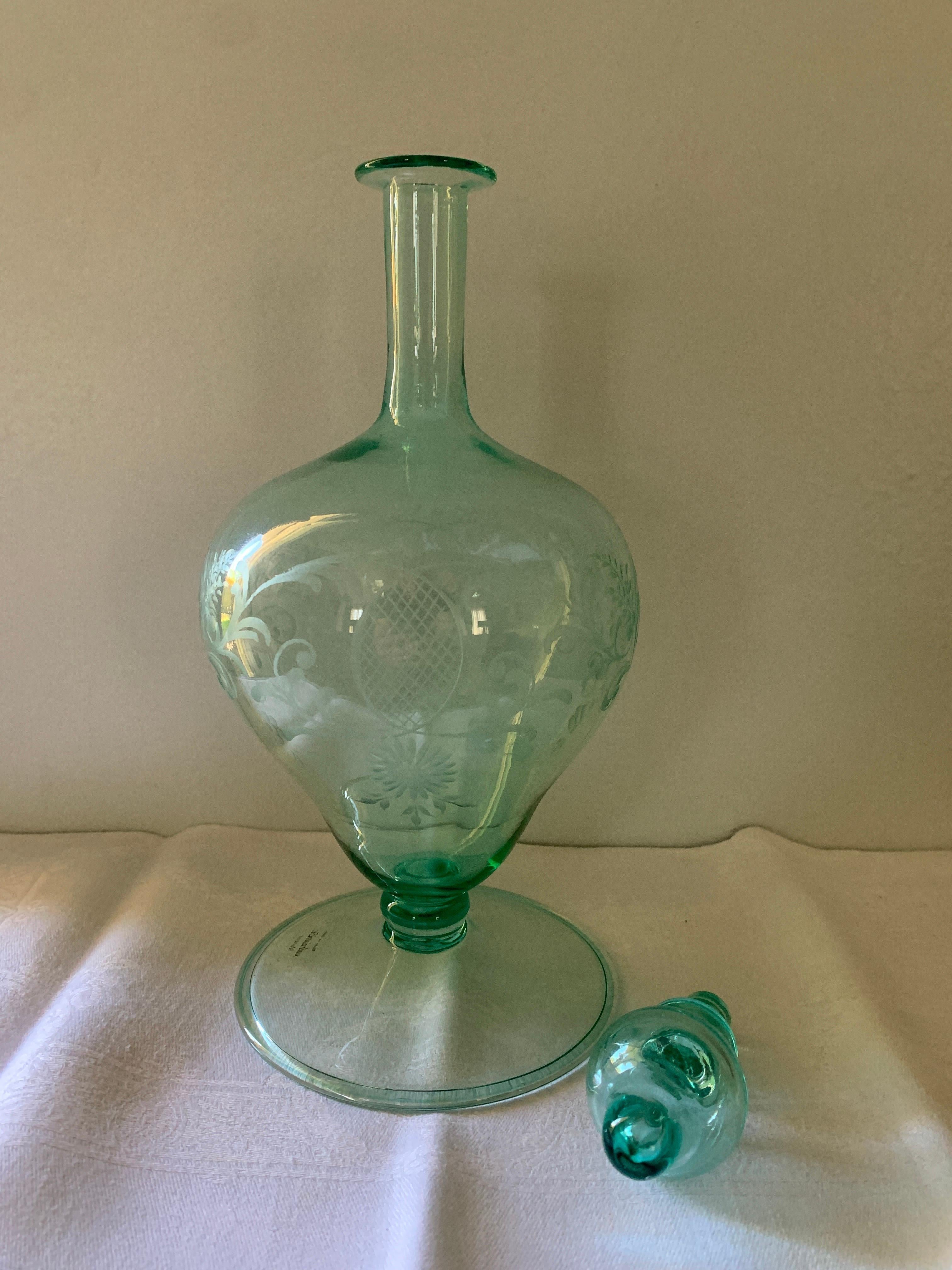 Mid-Century Modern Blue Etched Italian Salviati Murano Decanter with Stopper