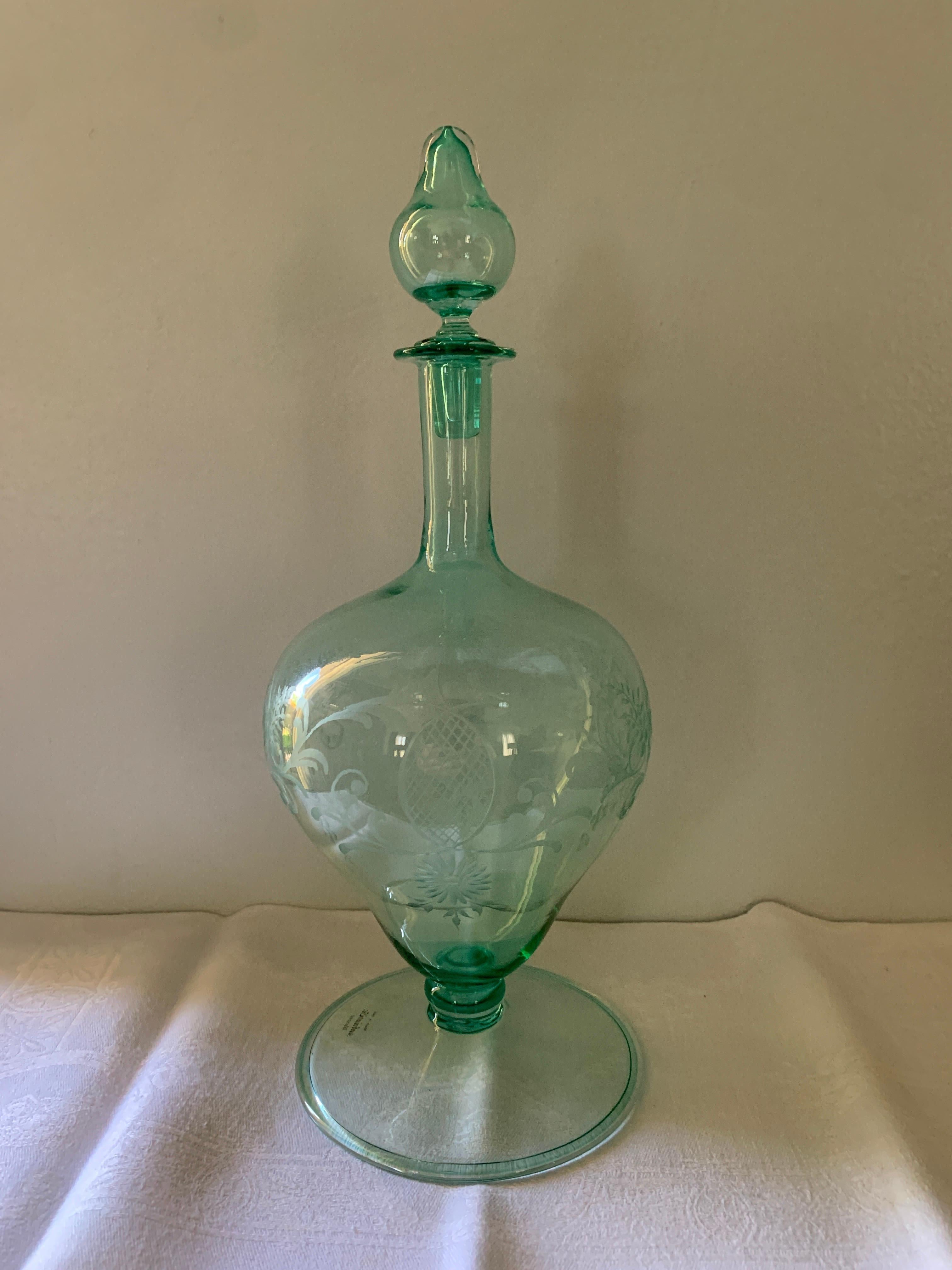 Blown Glass Blue Etched Italian Salviati Murano Decanter with Stopper