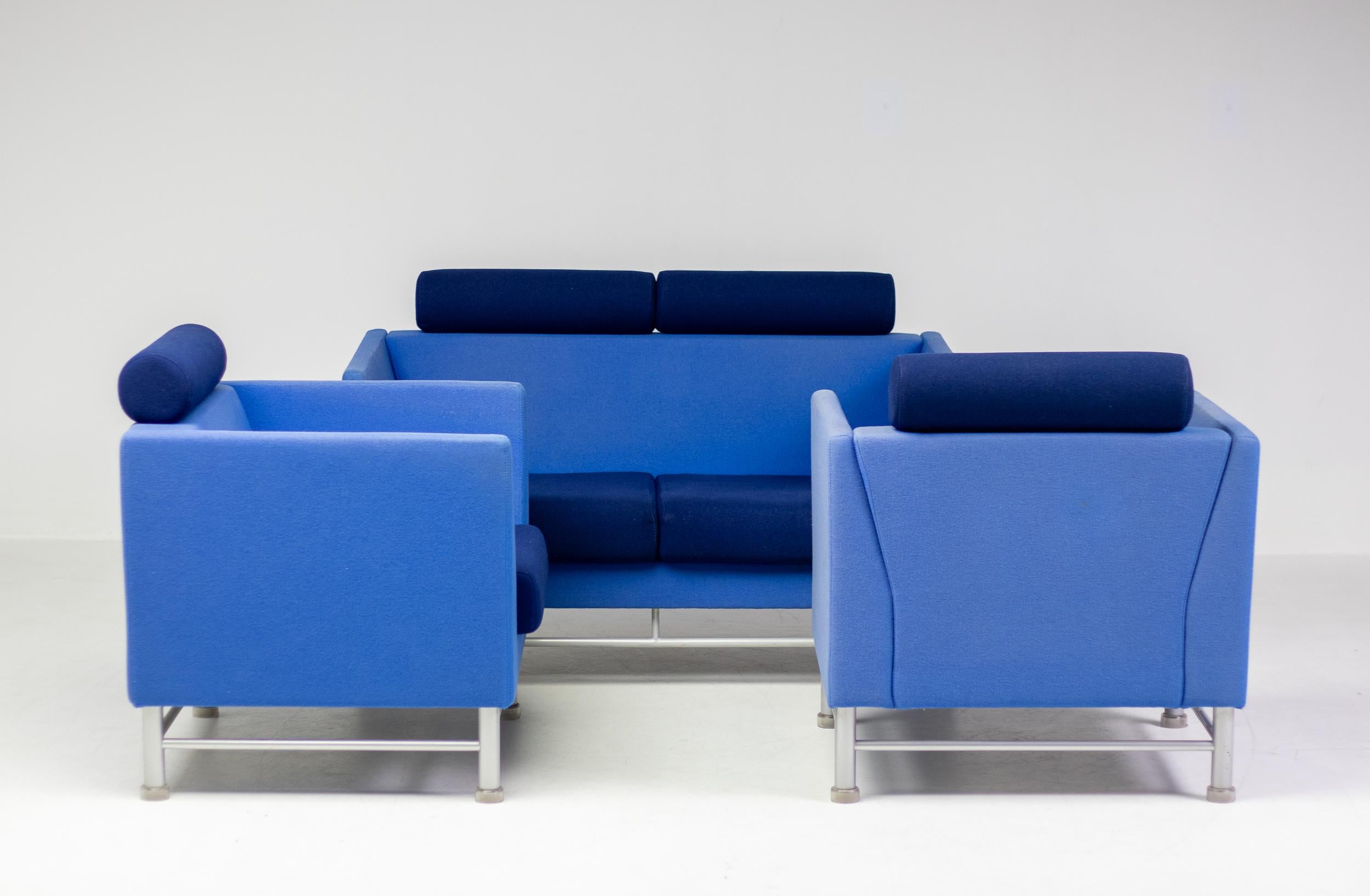 Fabric Blue Ettore Sottsass East Side Sofa and Two Lounge Chairs
