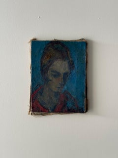 Retrato expresionista azul de una mujer, óleo sobre lienzo