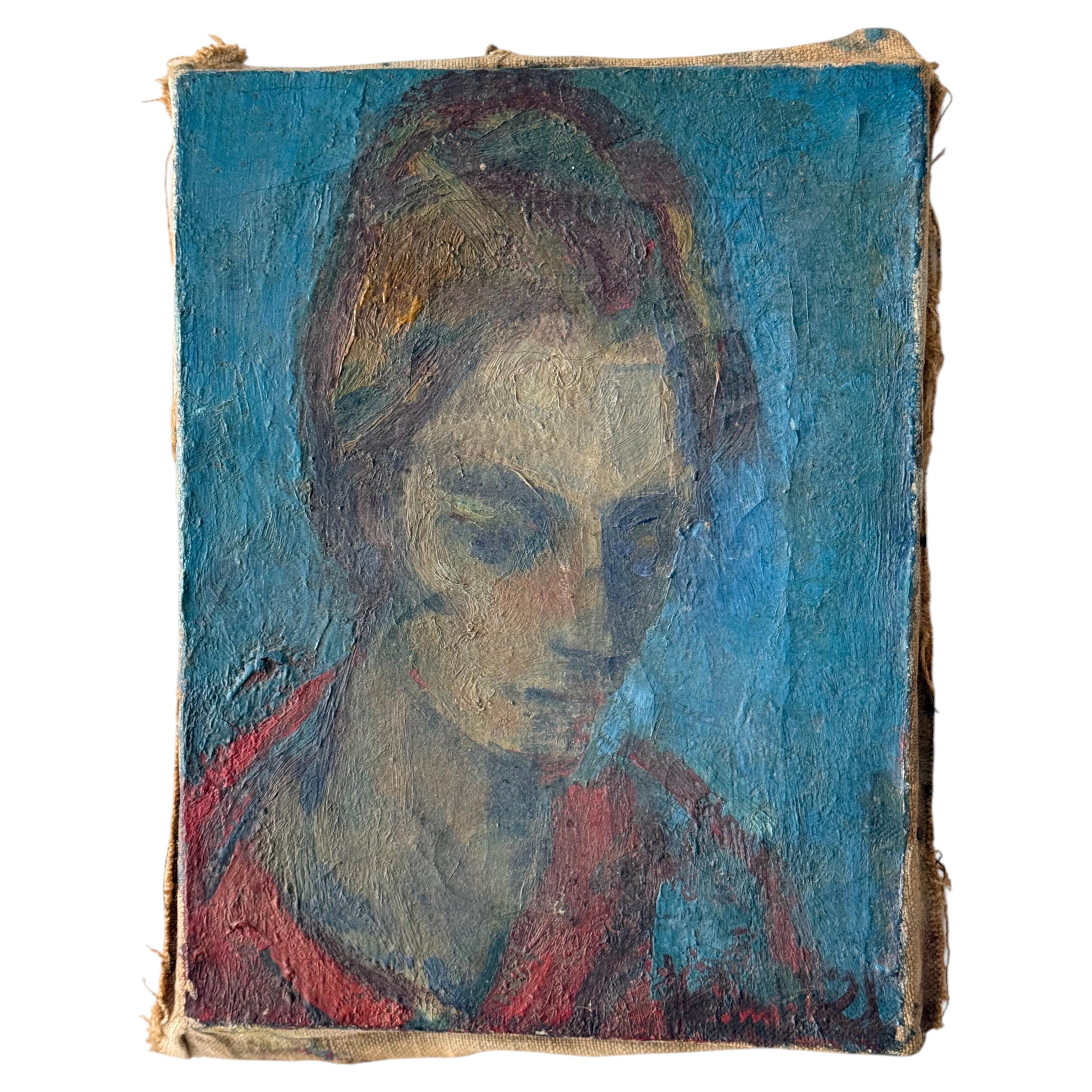 Blaues expressionistisches Porträt einer Frau, Öl auf Leinwand