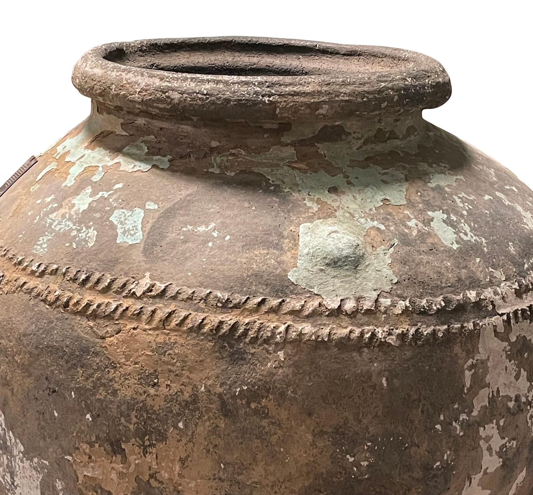 19th century Indian XXL water vessel.
Beautiful natural patina.
Shades of washed blue and white. 
Exceptional size.
Decorative double band raised detailing.
ARRIVING NOVEMBER.