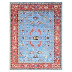 Tappeto orientale blu extra morbido in lana afghana Peshawar annodato a mano 9'0" x 11'6"