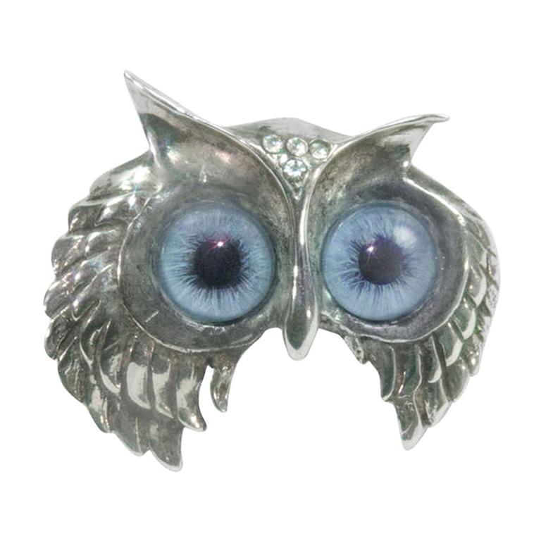 Blue Eyed Owl Head Sterling Silver CZ Accents Brooch Pin Estate Find
