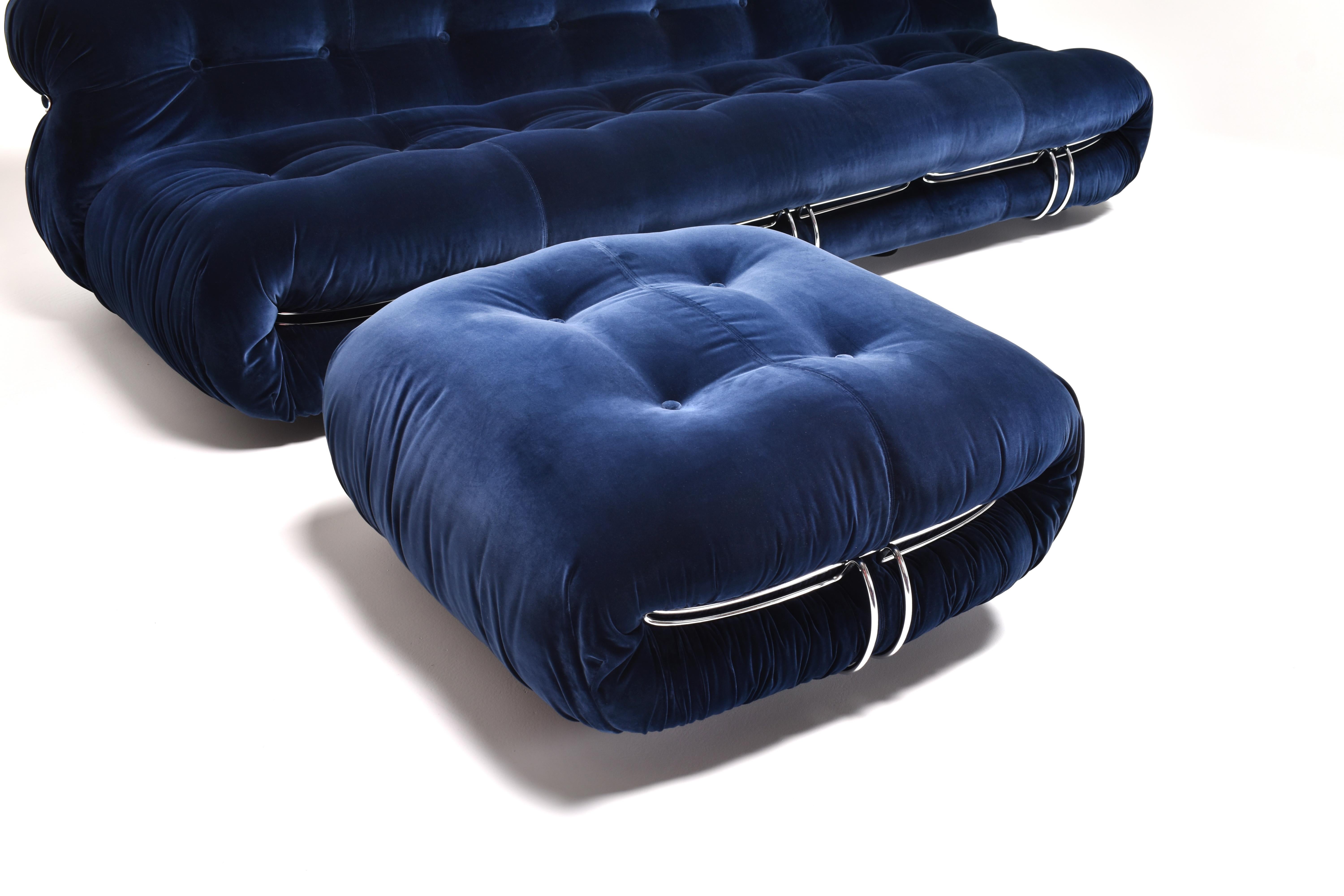 Mid-Century Modern Blue Fabric Soriana Sofa and Ottoman by Afra & Tobia Scarpa for Cassina, 1970s