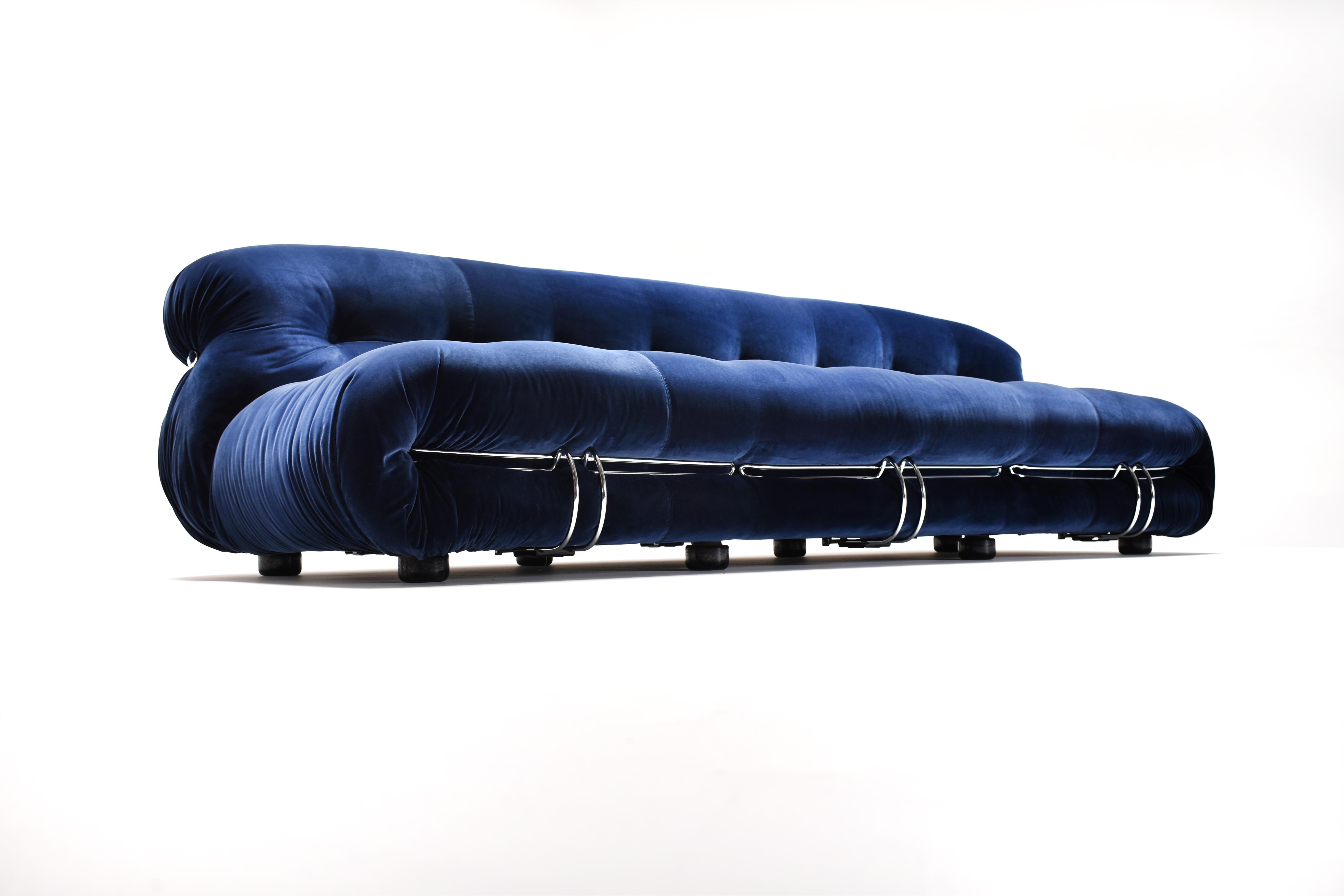 Italian Blue Fabric Soriana Sofa and Ottoman by Afra & Tobia Scarpa for Cassina, 1970s