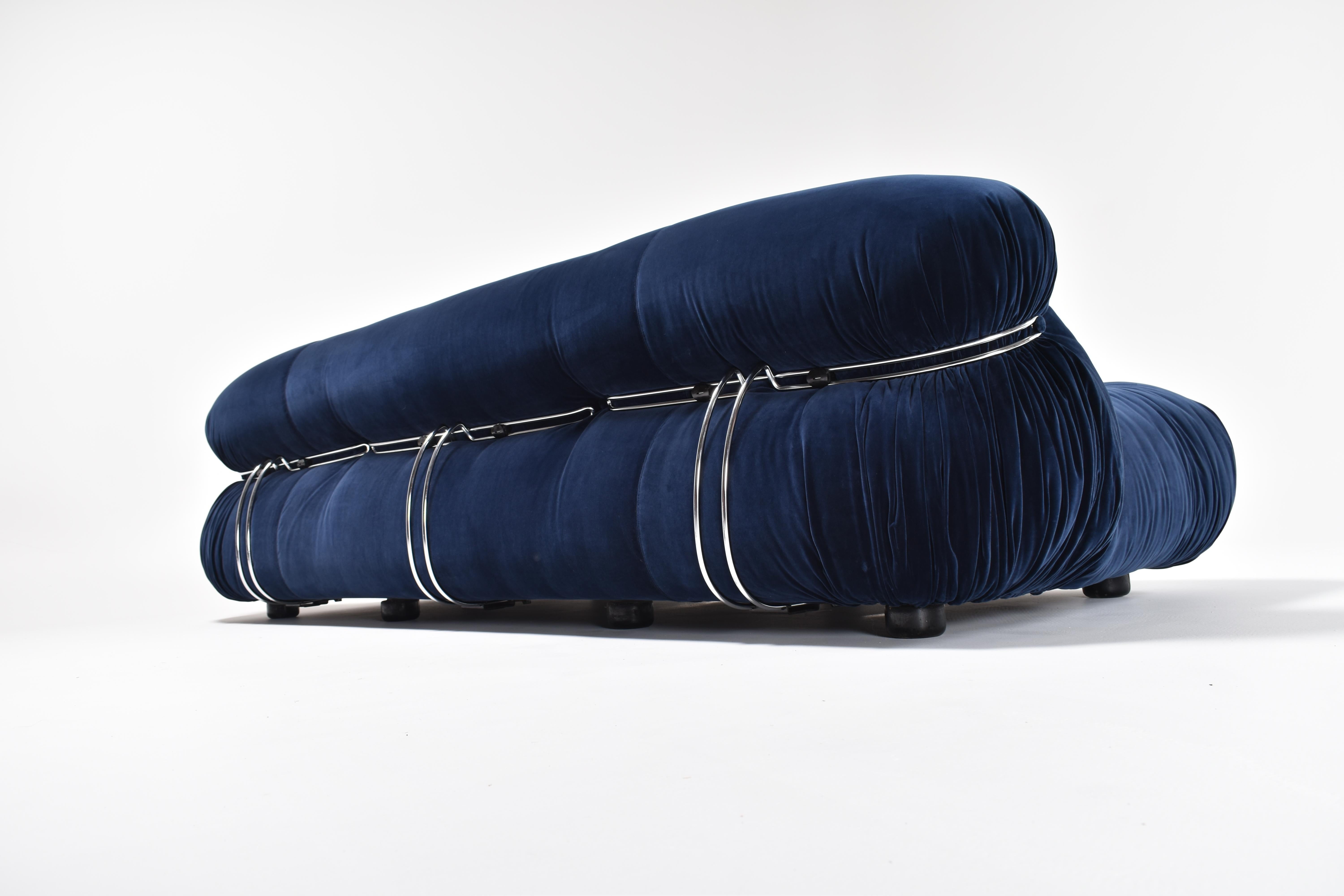 Velvet Blue Fabric Soriana Sofa and Ottoman by Afra & Tobia Scarpa for Cassina, 1970s