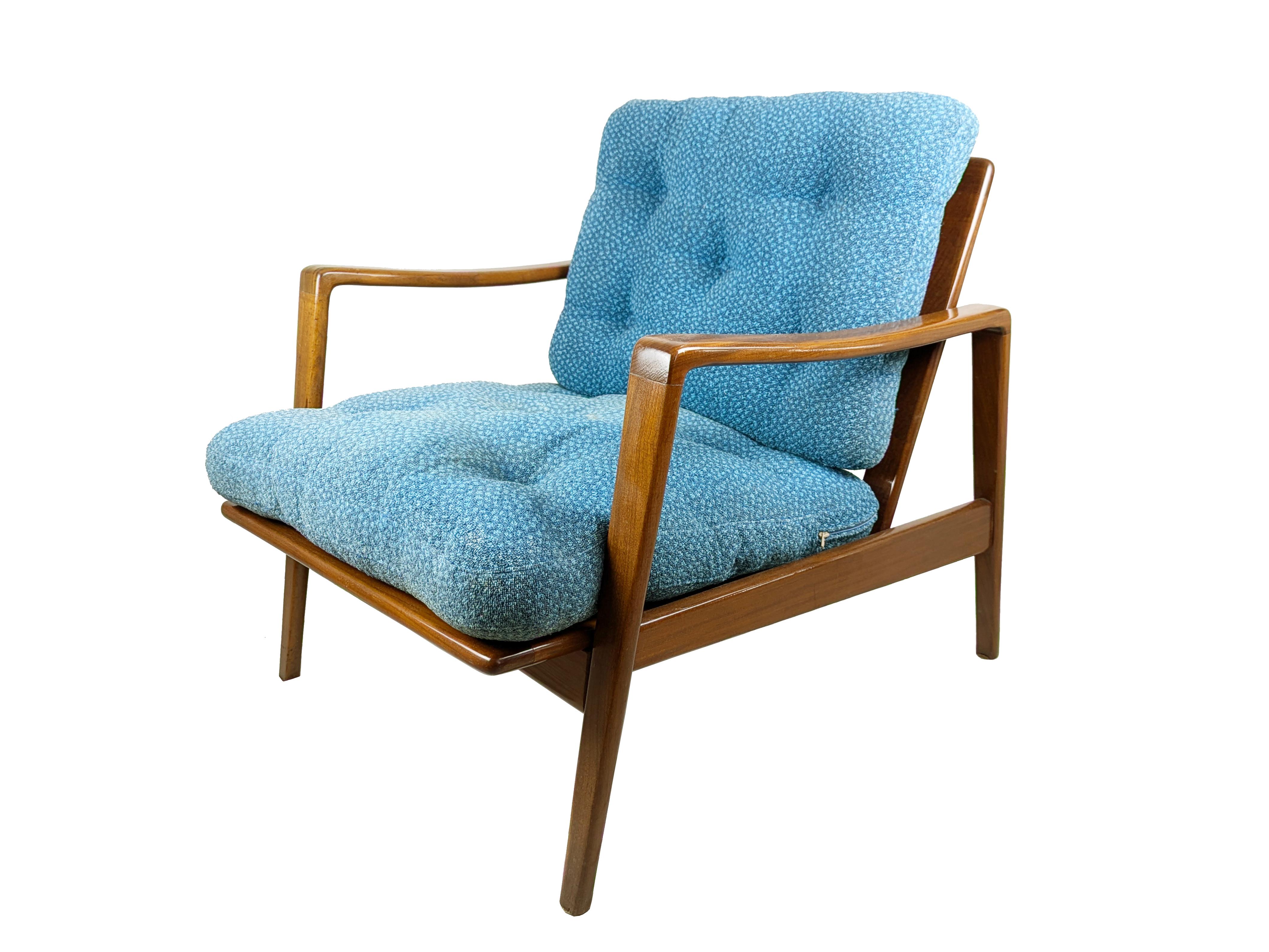Danish Blue fabric & teakwood 1960s armchair by Arne Wahl Iversen for Komfort For Sale