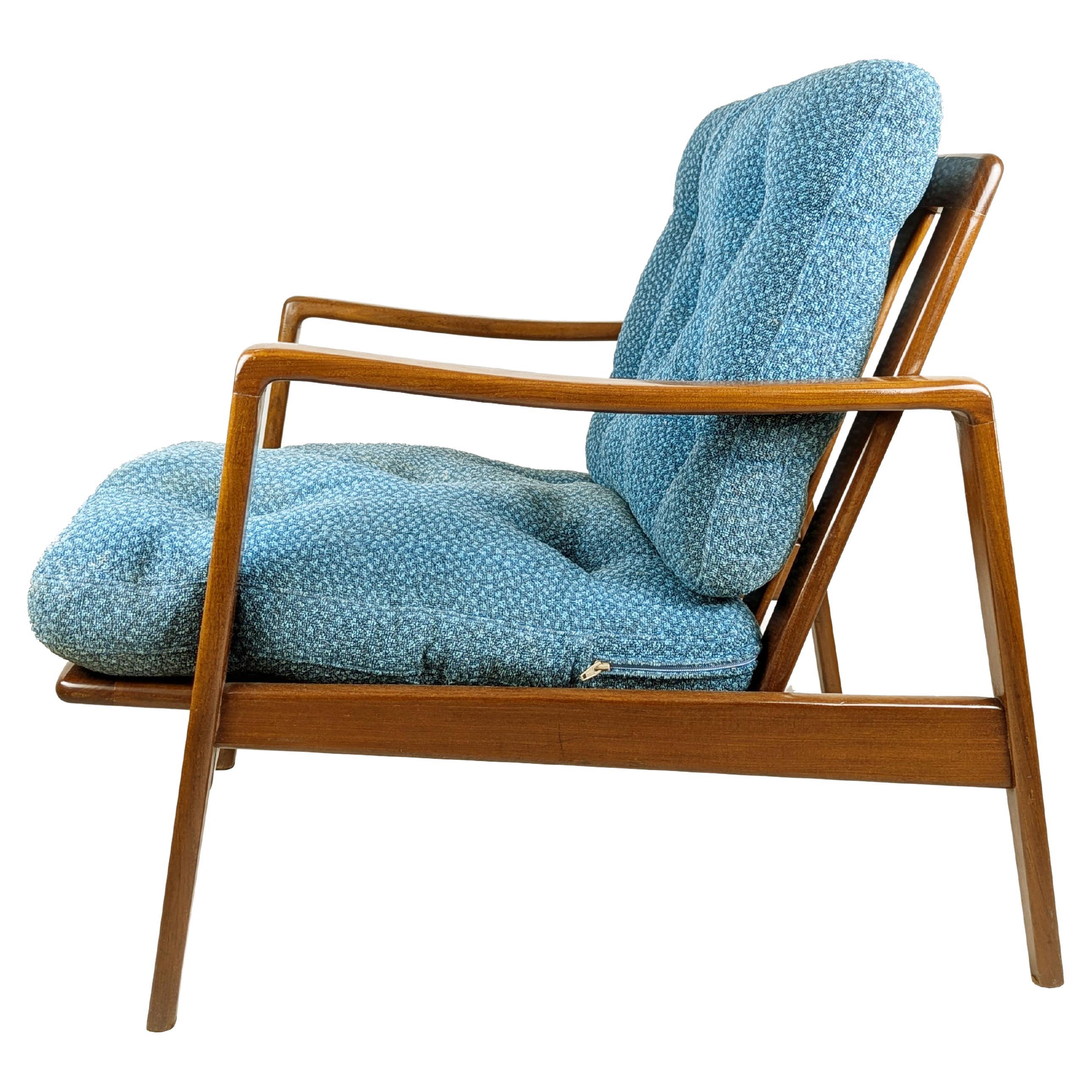 Blue fabric & teakwood 1960s armchair by Arne Wahl Iversen for Komfort For Sale