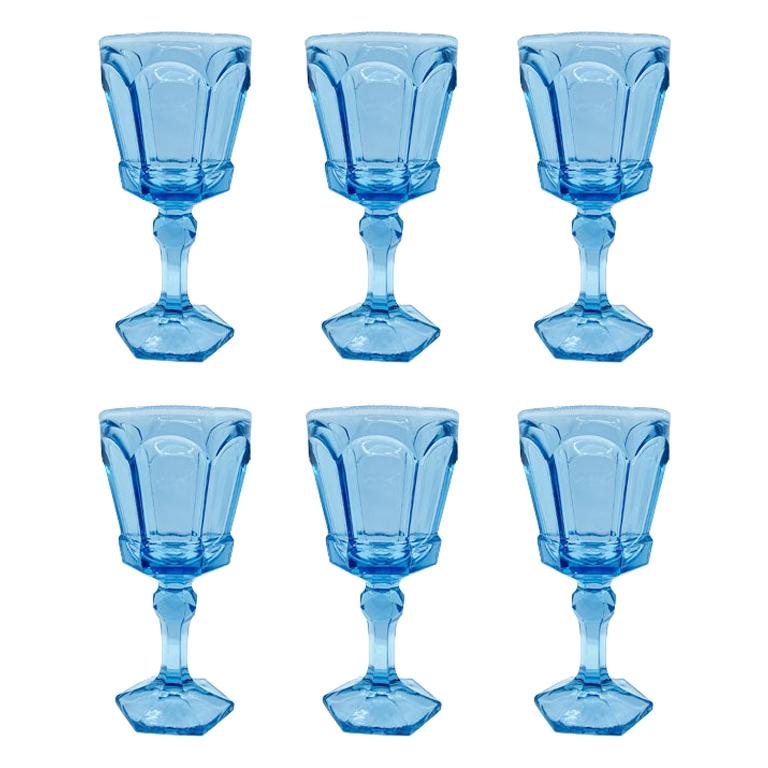 Blue Faceted Depression Glass Drinking Glasses by Fostoria 1980s, Set of 6