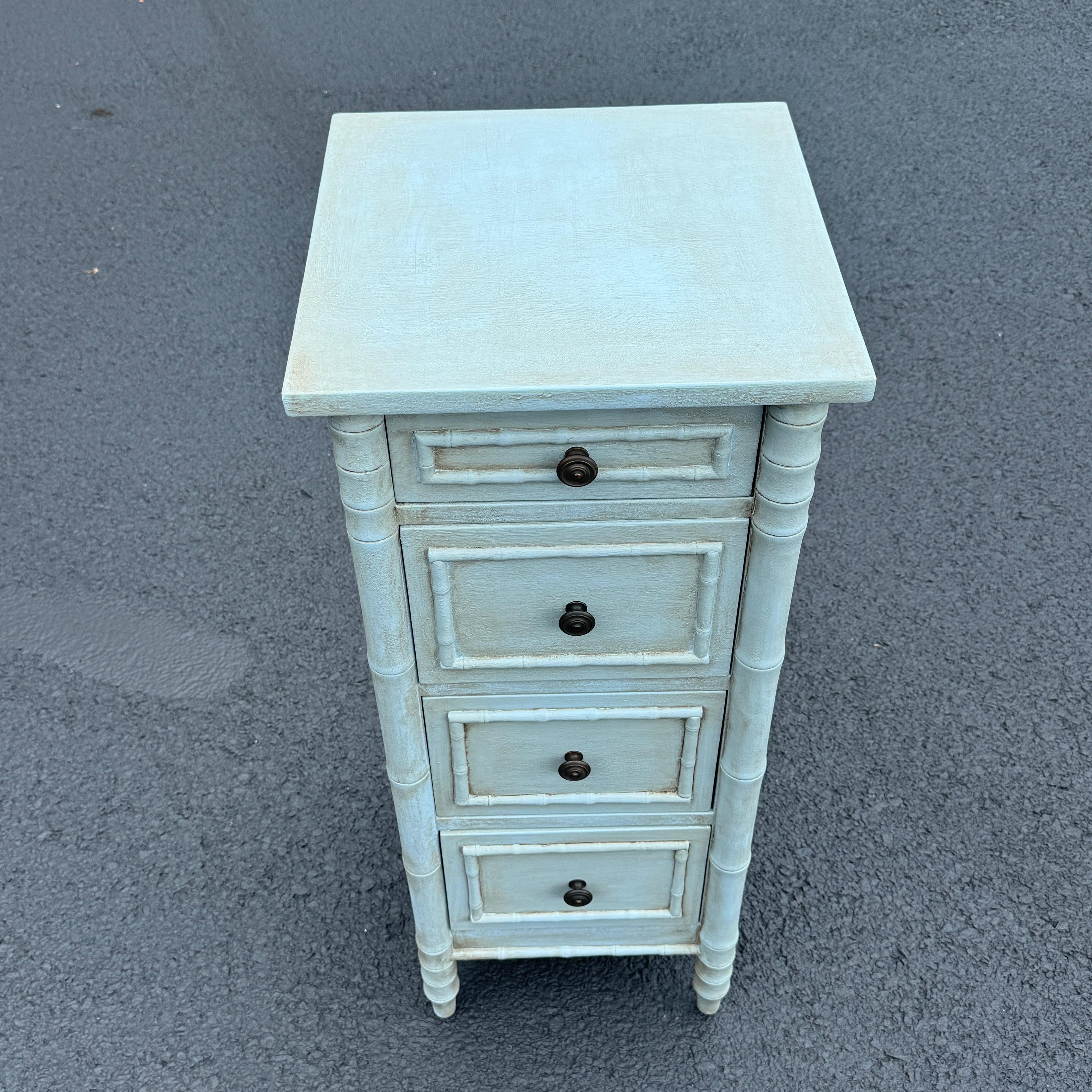 Colonial Revival Blue Faux Bamboo Tall Narrow Painted Jewelry Lingerie Chest For Sale
