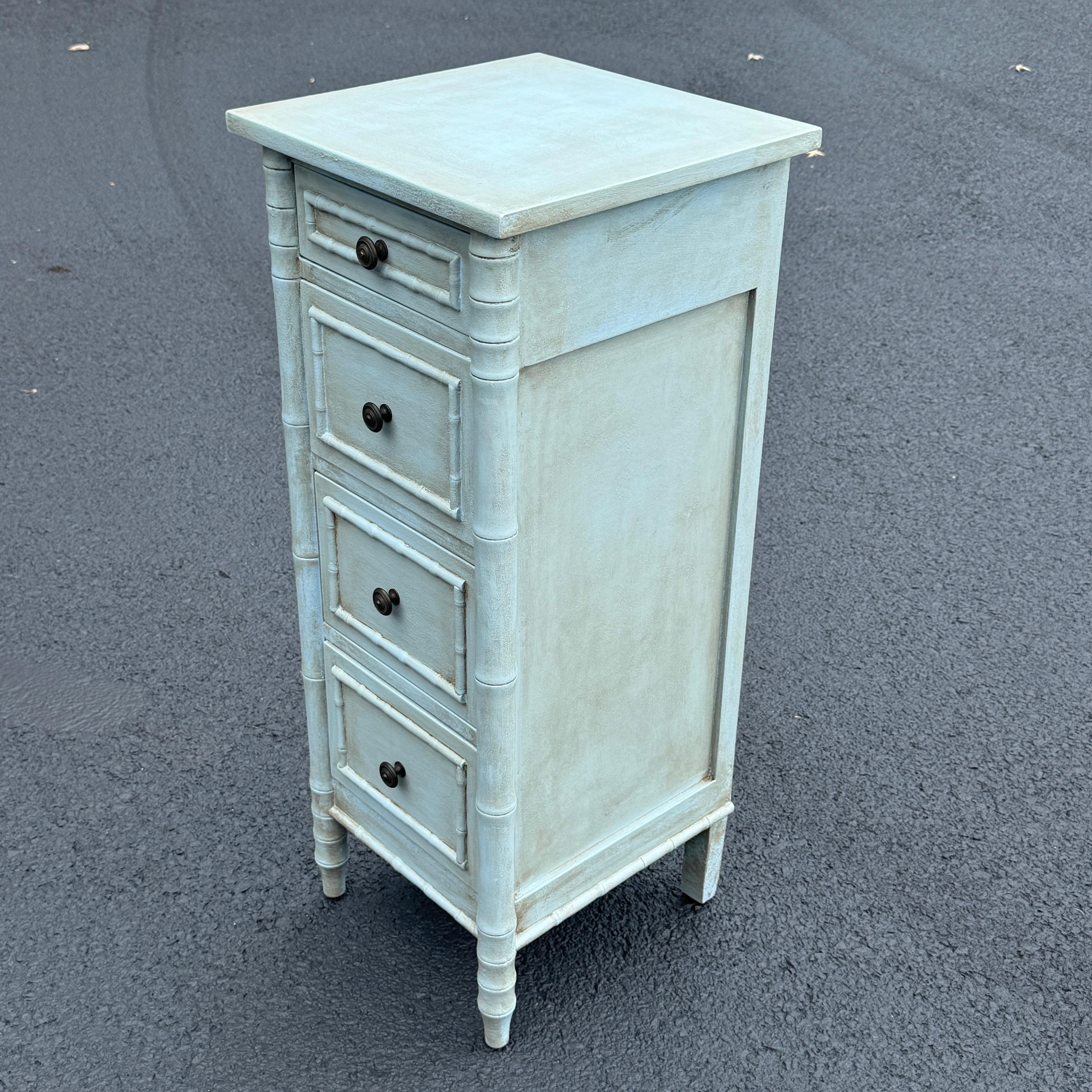European Blue Faux Bamboo Tall Narrow Painted Jewelry Lingerie Chest For Sale