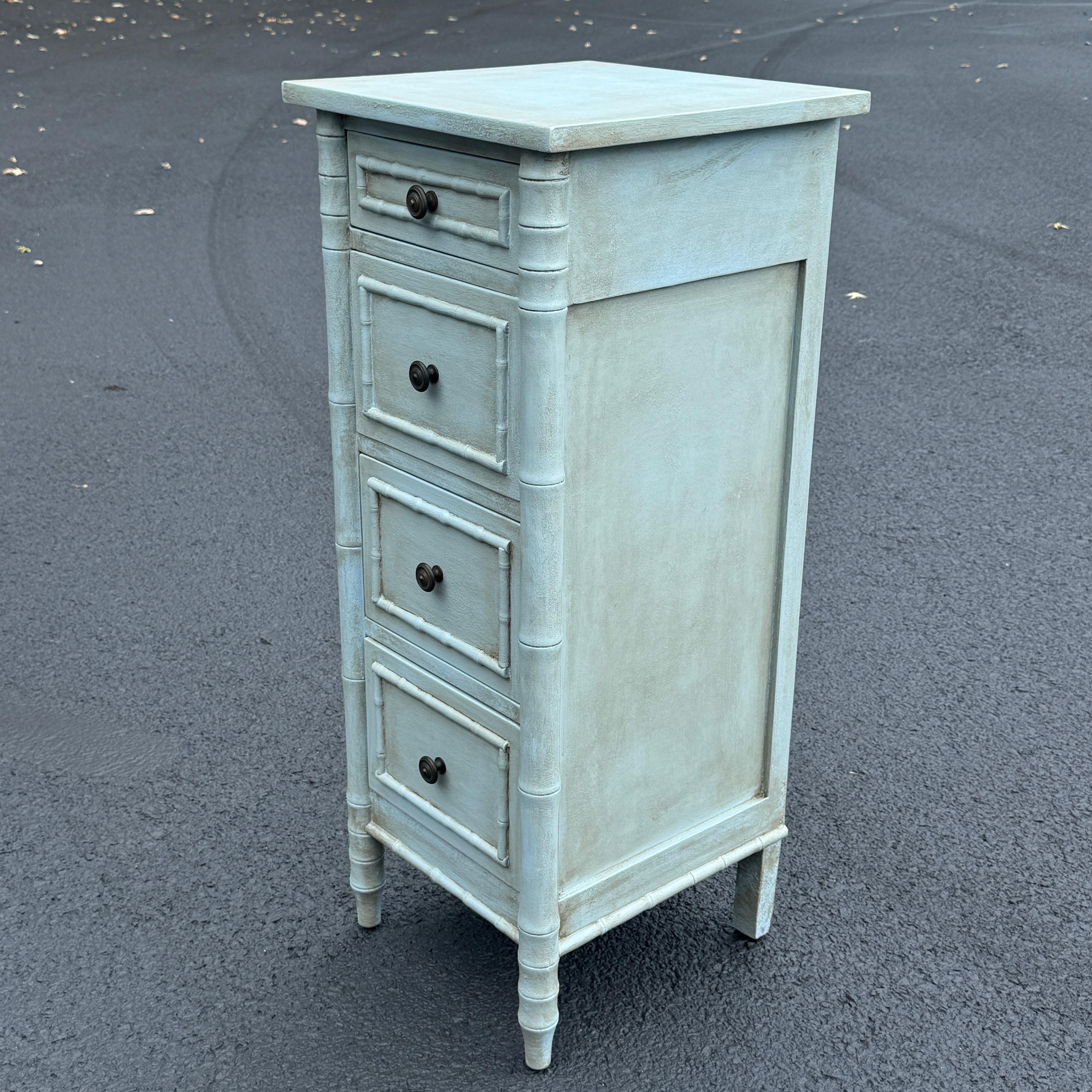 Hand-Crafted Blue Faux Bamboo Tall Narrow Painted Jewelry Lingerie Chest For Sale