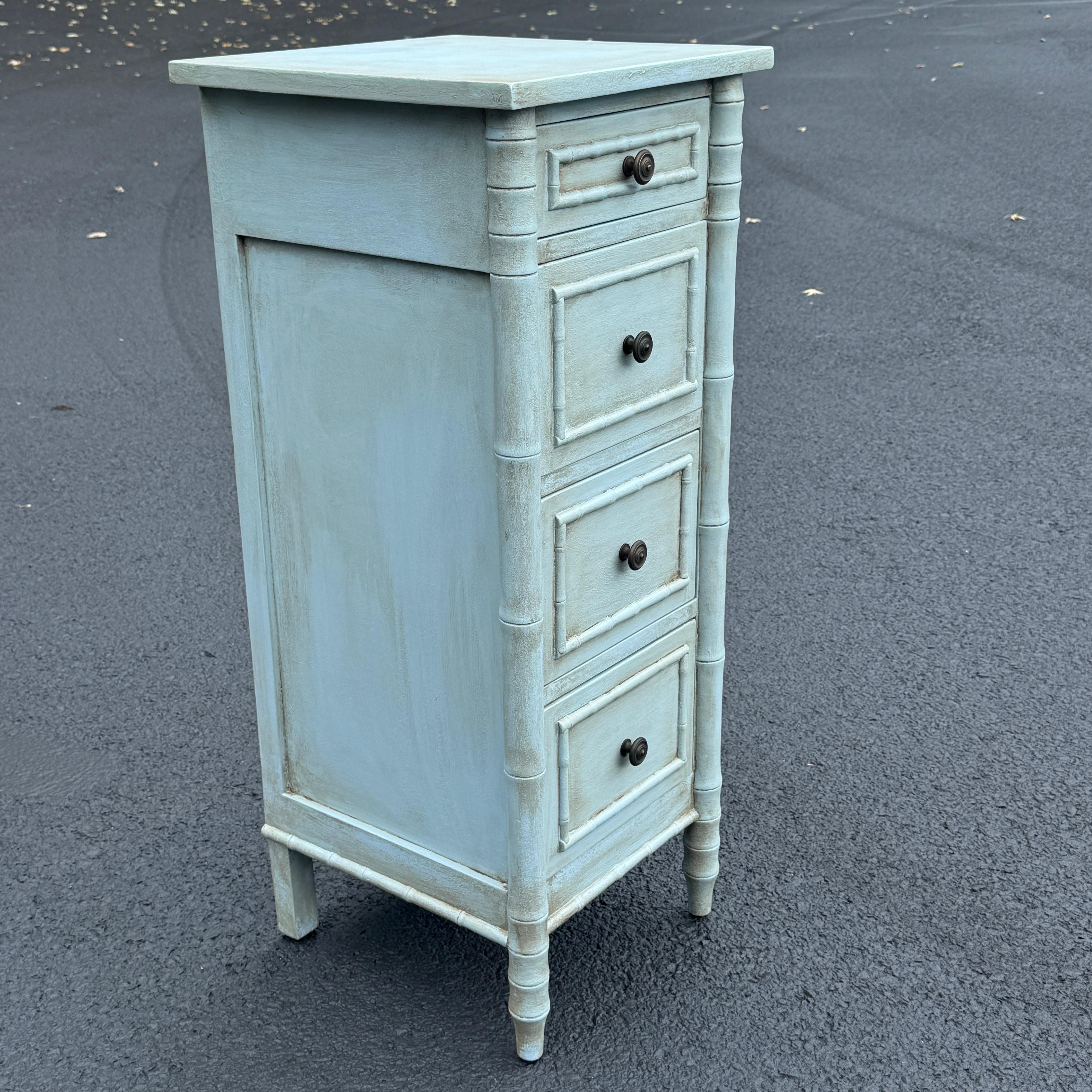 Contemporary Blue Faux Bamboo Tall Narrow Painted Jewelry Lingerie Chest For Sale