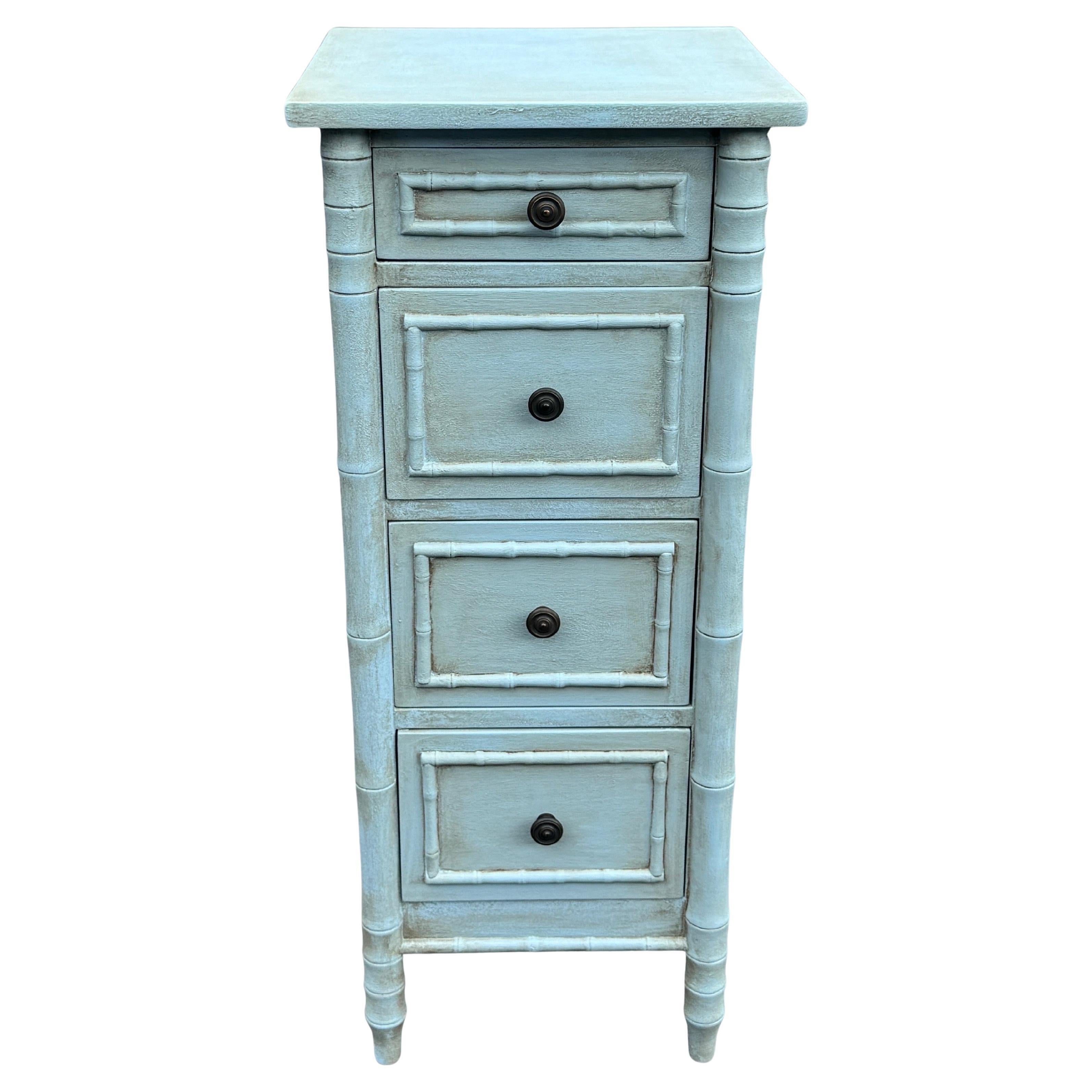 Blue Faux Bamboo Tall Narrow Painted Jewelry Lingerie Chest For Sale